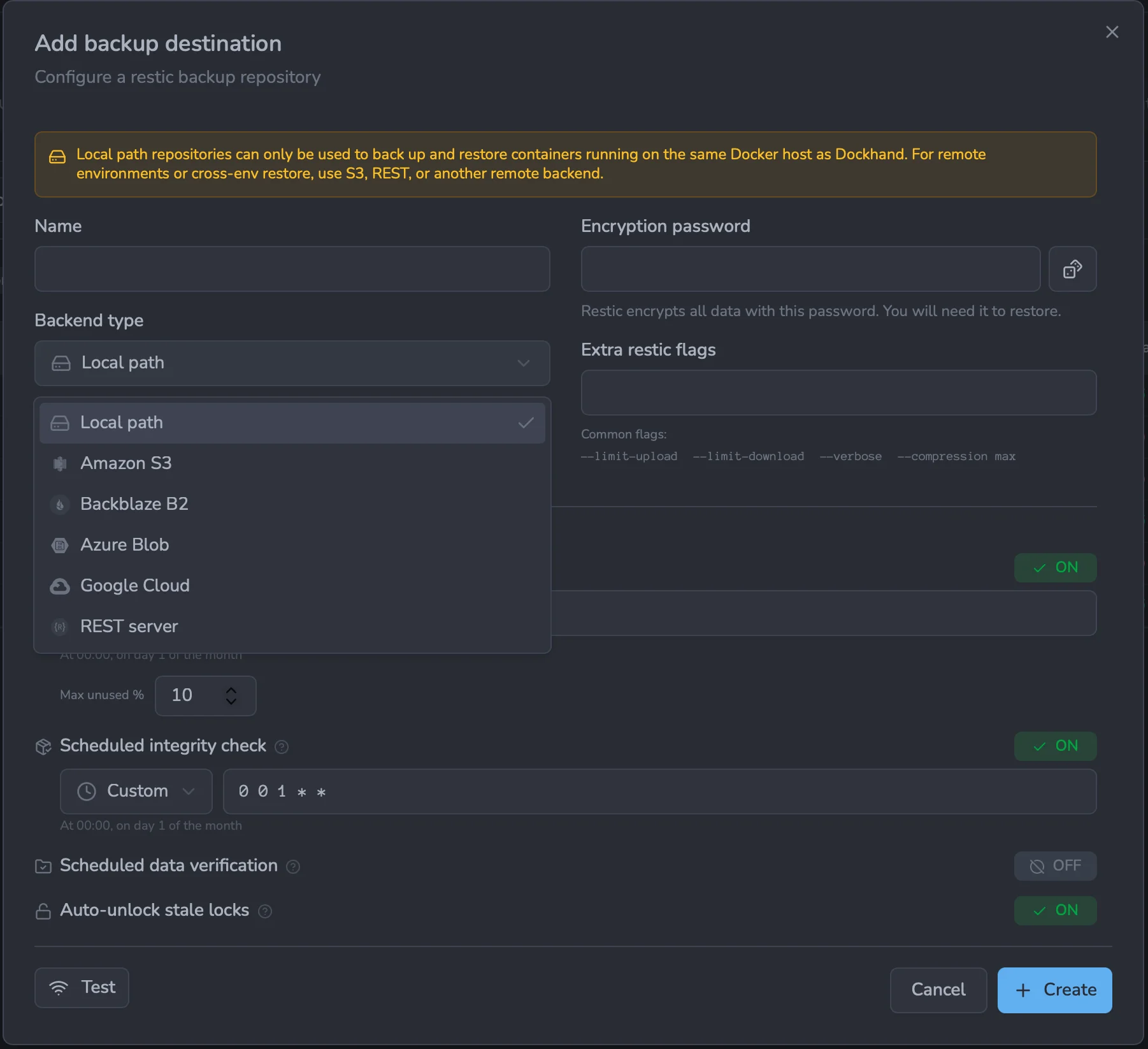 Add backup destination dialog with backend types
