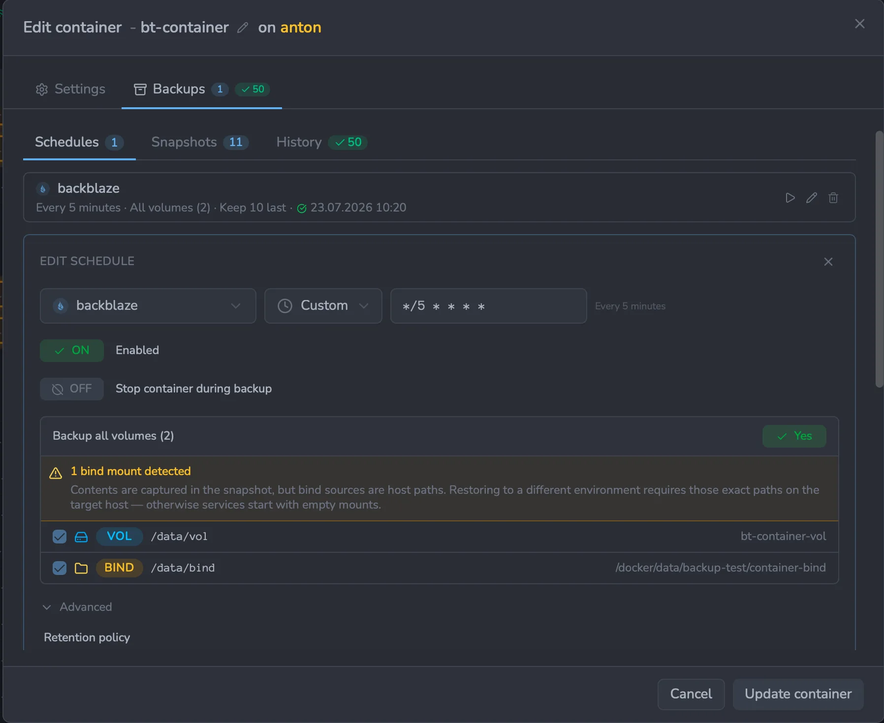Backup schedule and volume selection