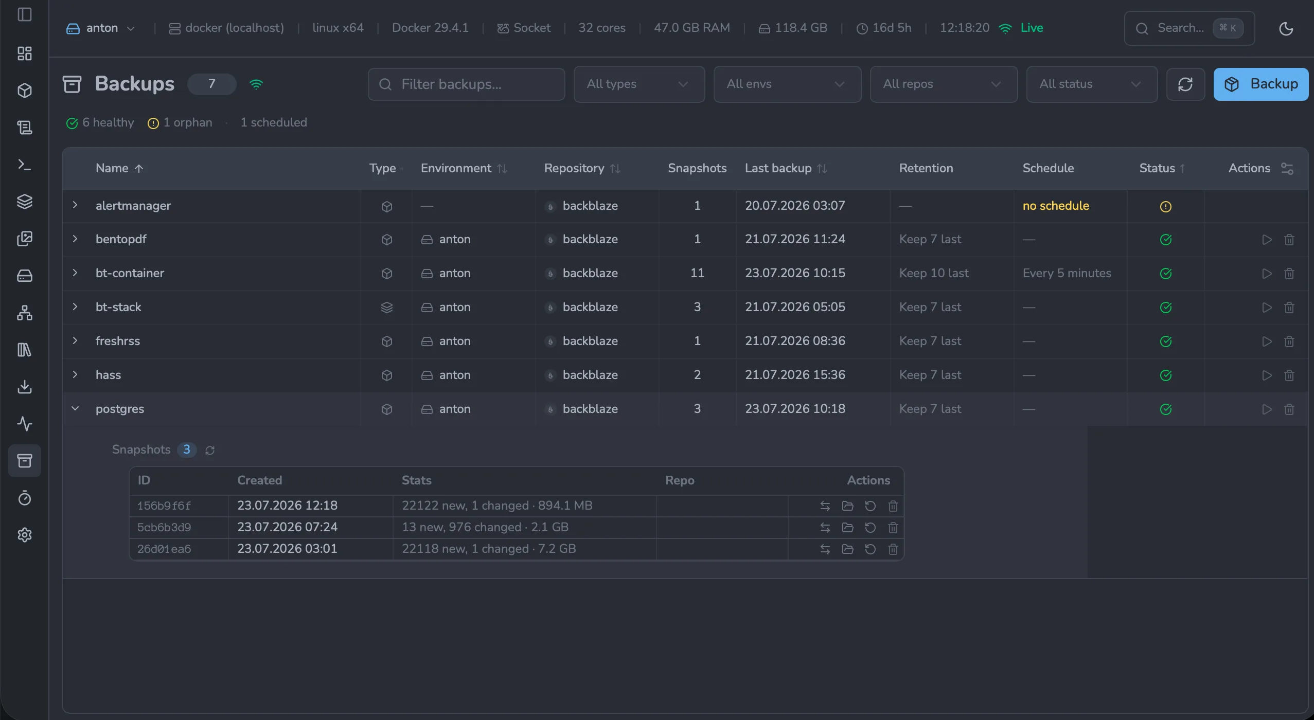 Backups page listing backup configs across environments