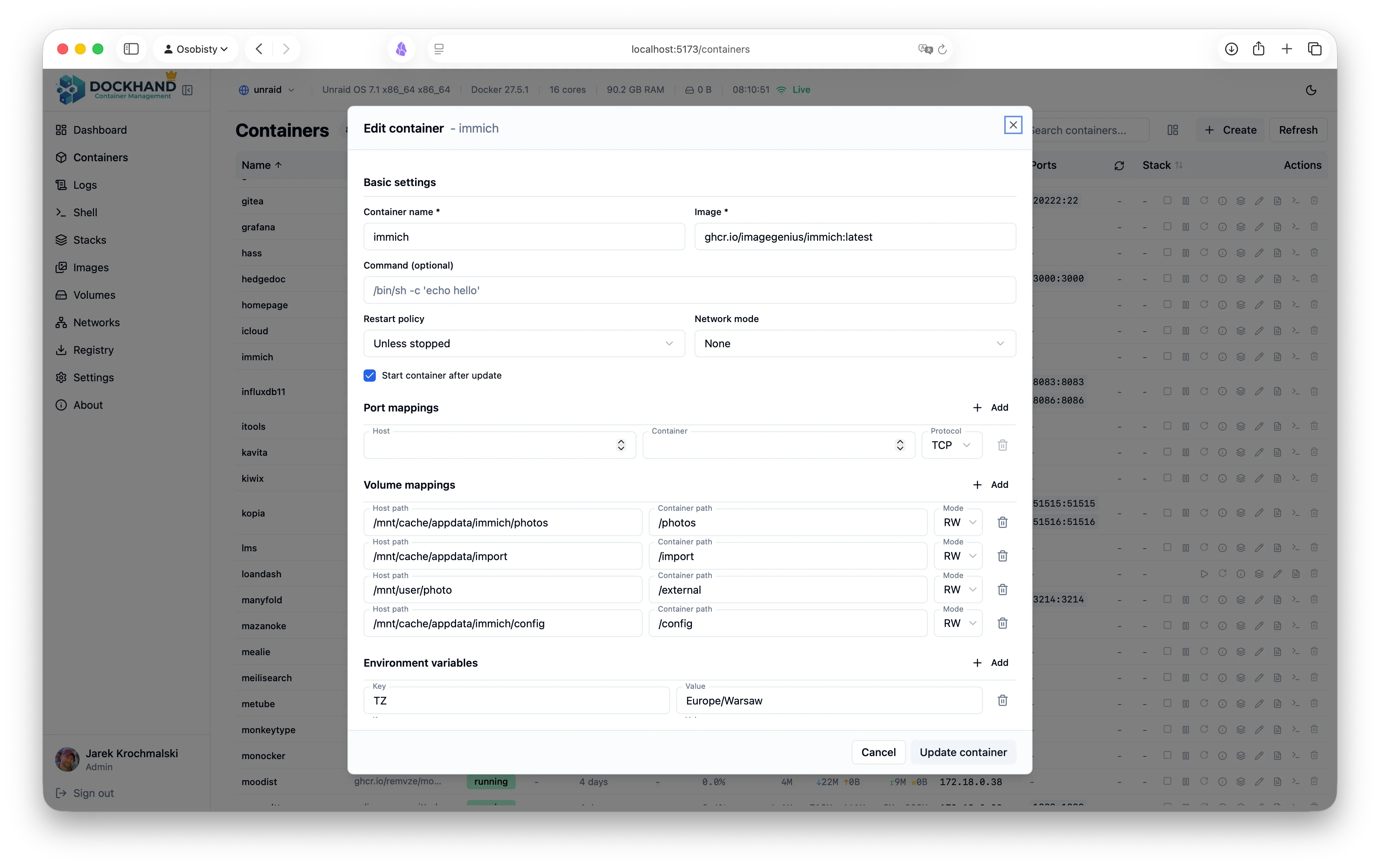 Edit container configuration