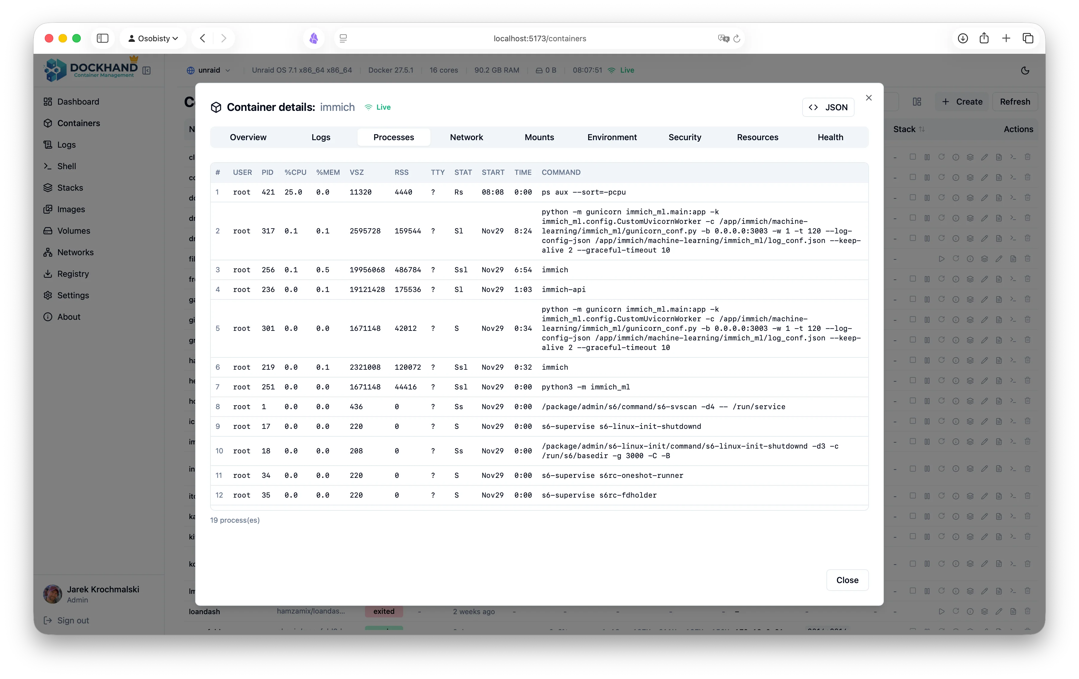 Container running processes