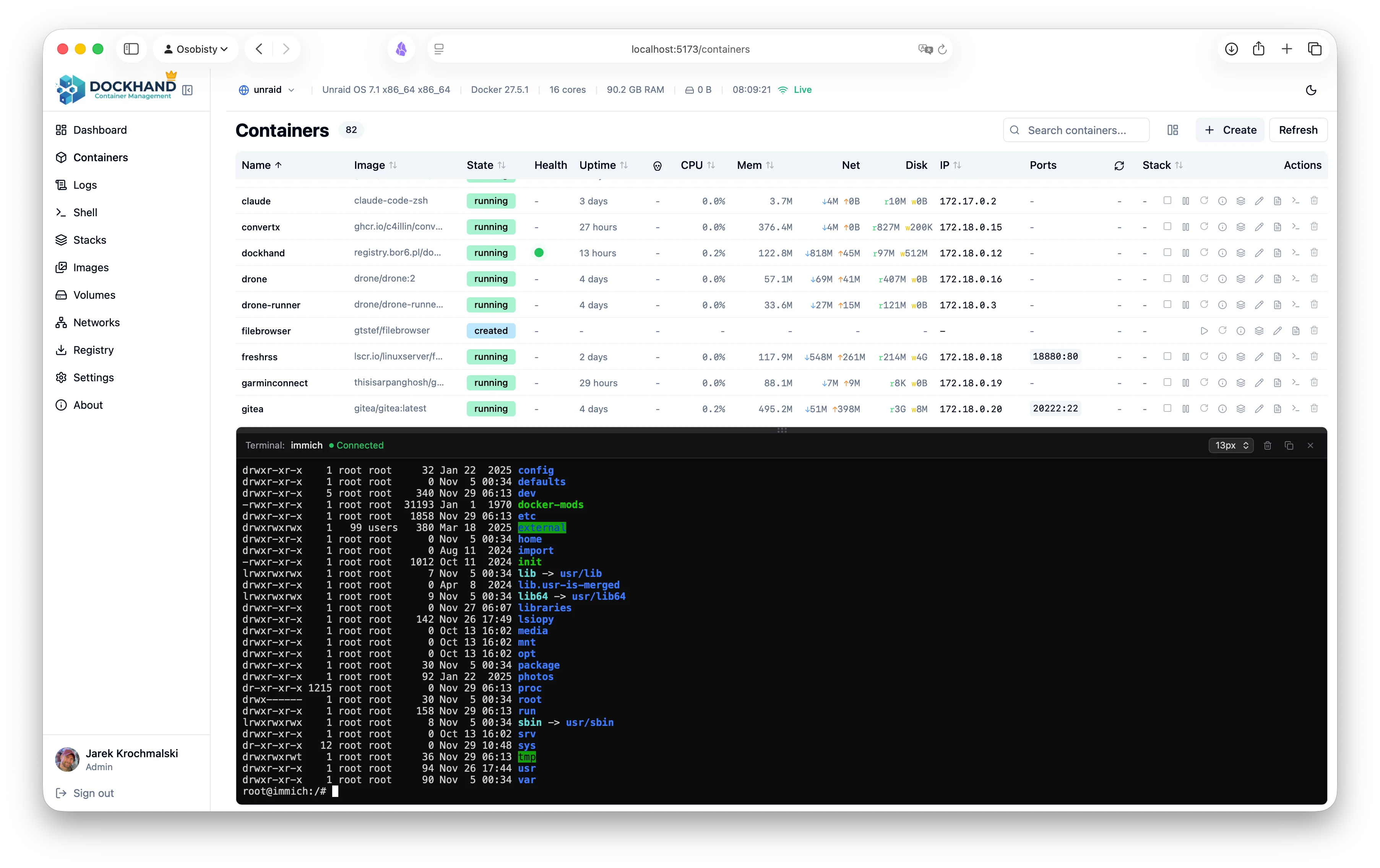 Container list with terminal panel