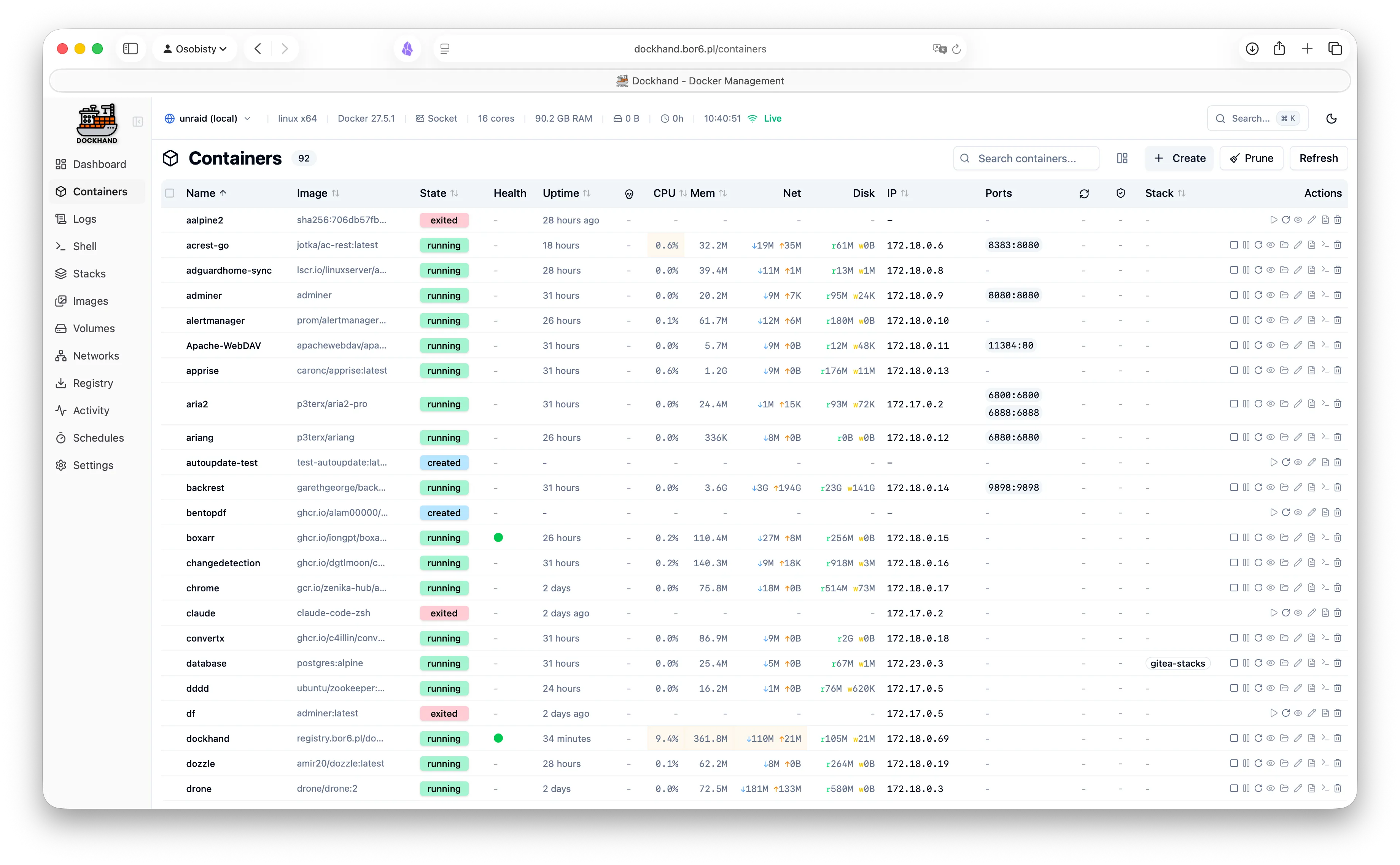 Container list with live stats