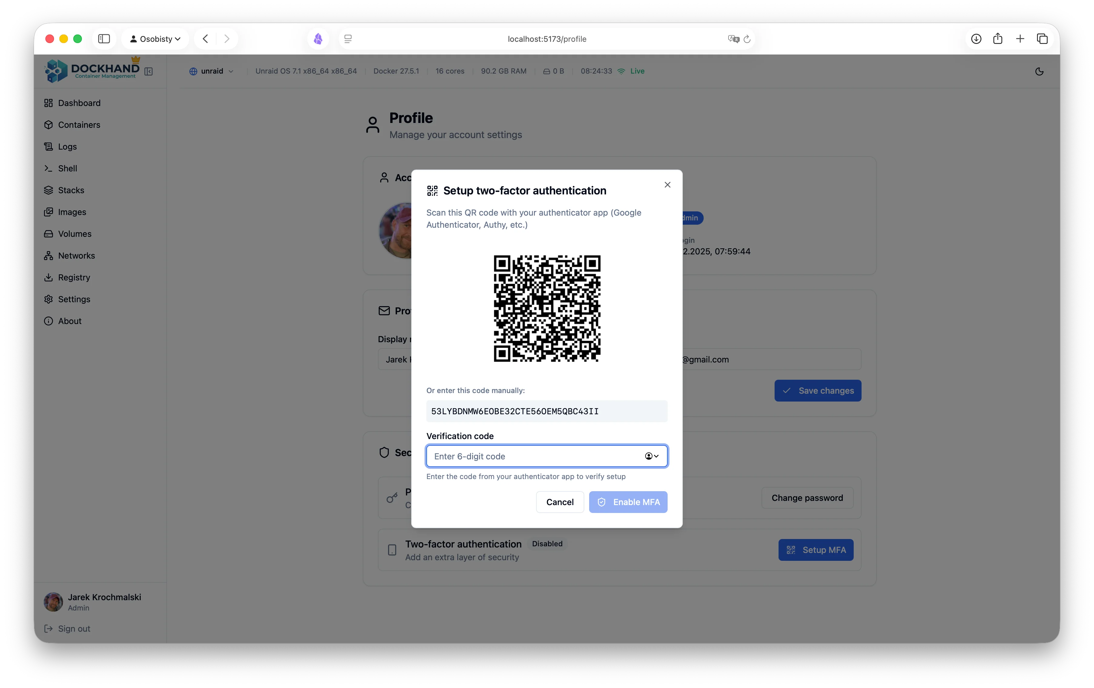 User profile with MFA setup