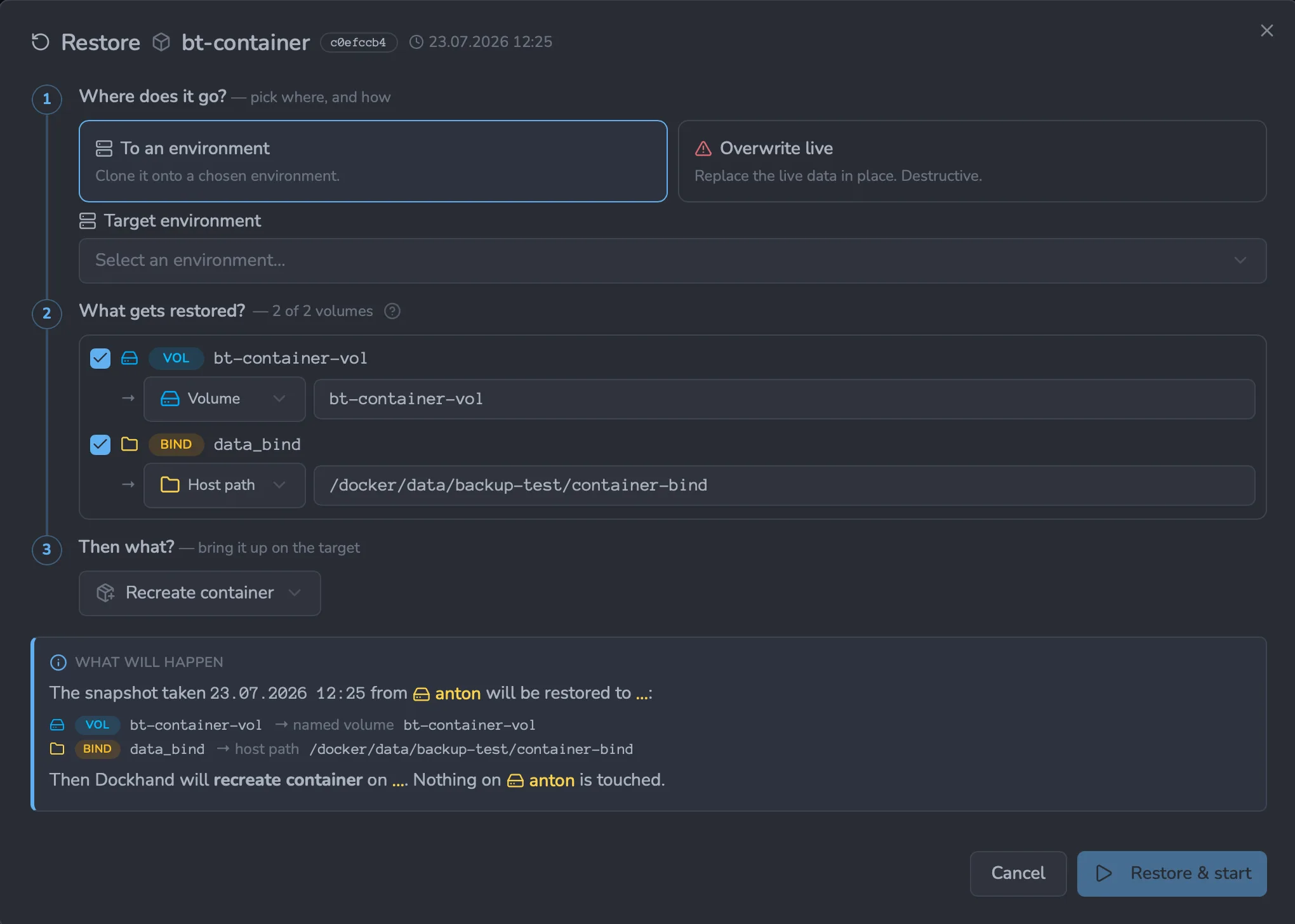 Restoring a snapshot to a new location