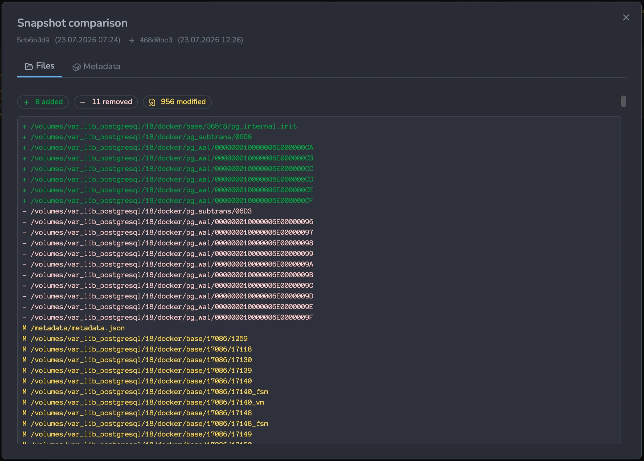 Diff between two backup snapshots