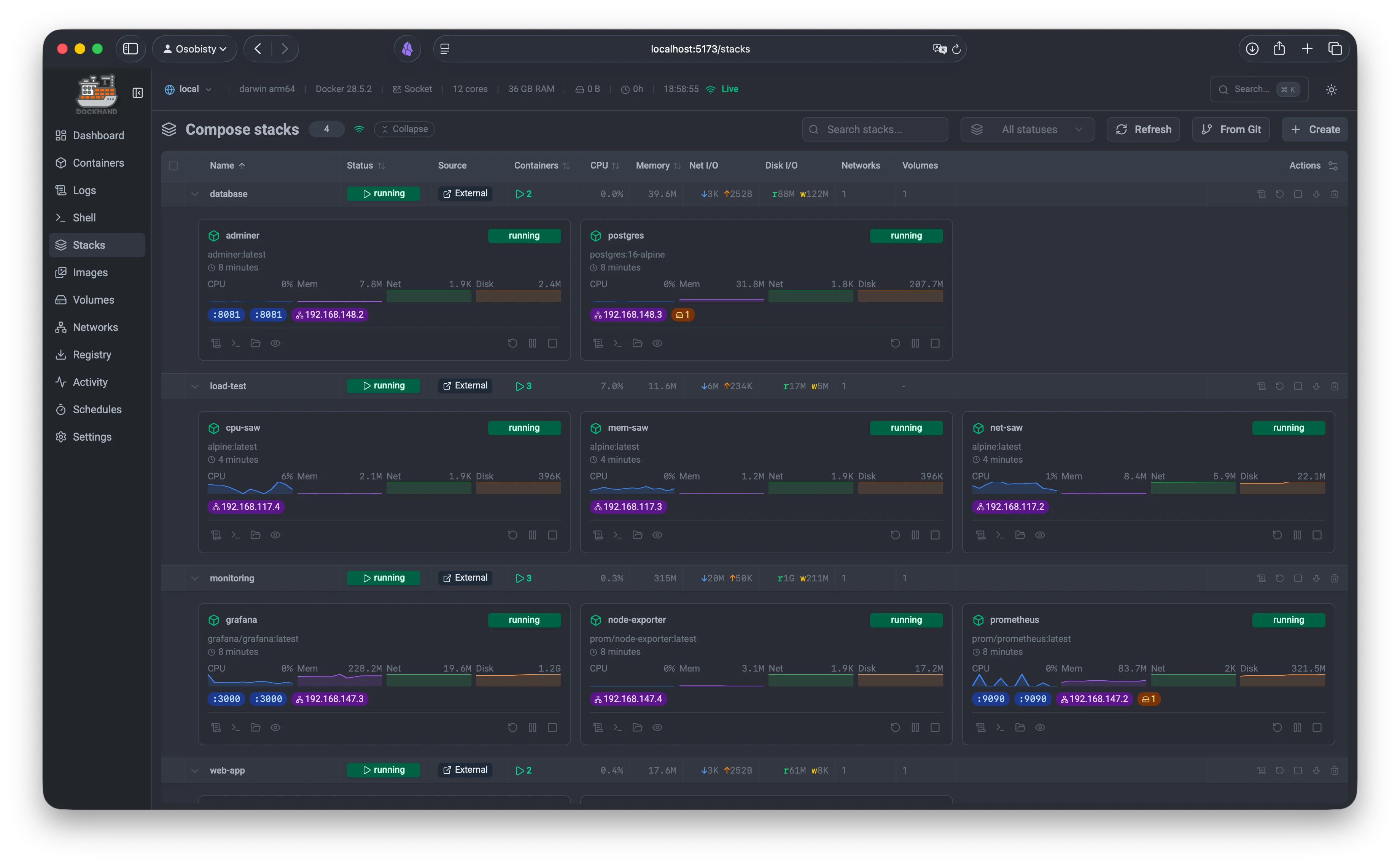 Stack expanded view with containers