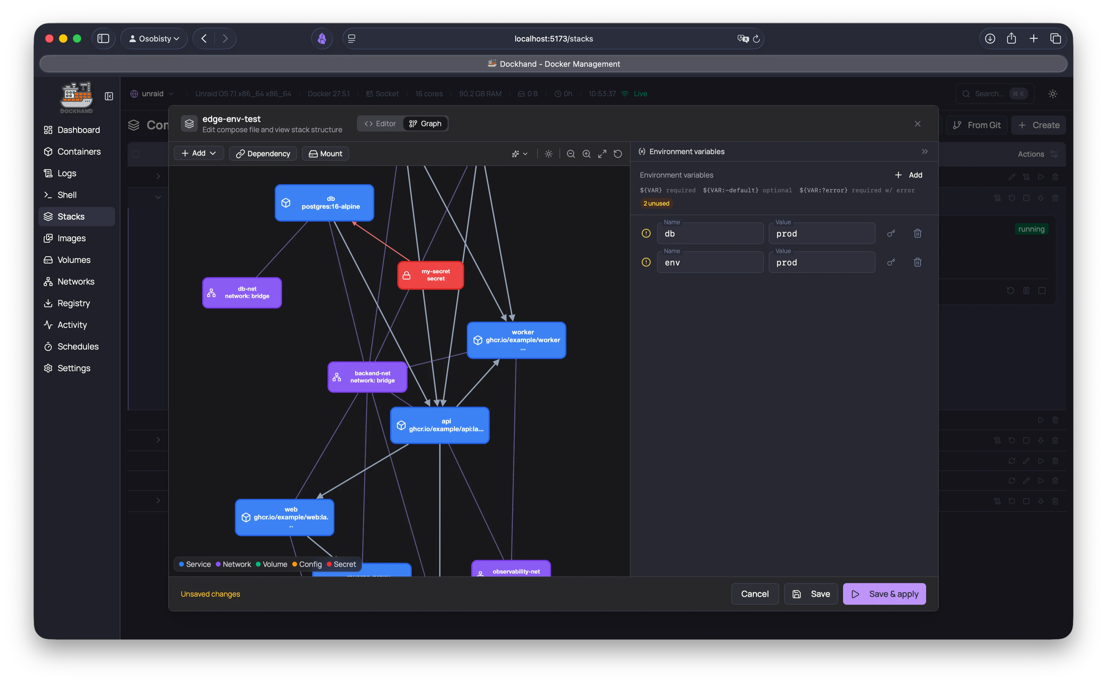 Environment variables panel