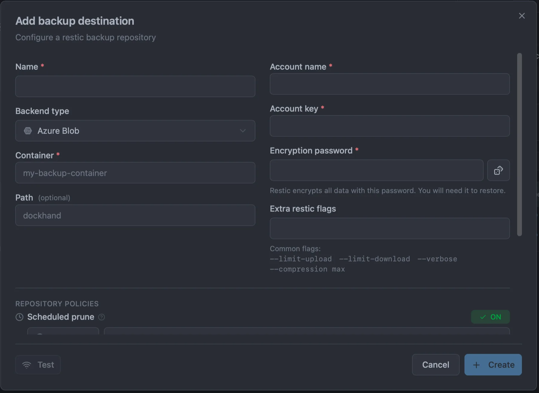 Add backup destination dialog with Azure Blob selected, showing the container, path, account name, and account key fields.