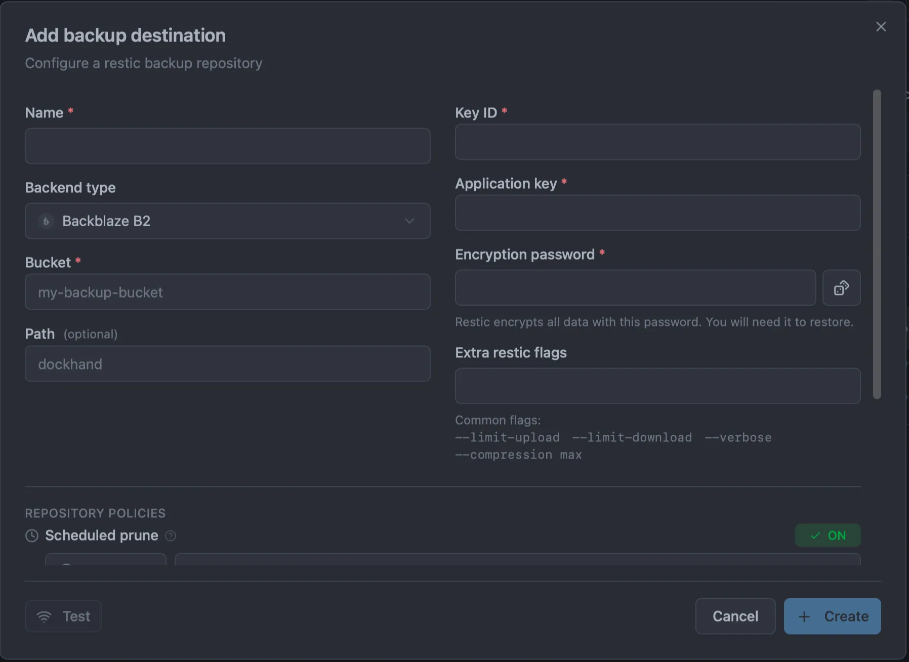 Add backup destination dialog with Backblaze B2 selected, showing the bucket, path, key ID, and application key fields.