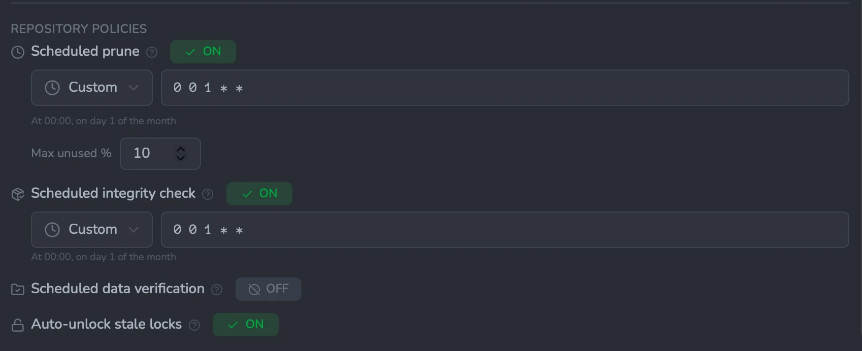 The Repository policies section at the bottom of the Add backup destination dialog: Scheduled prune (on, monthly, Max unused 10%), Scheduled integrity check (on, monthly), Scheduled data verification (off), and Auto-unlock stale locks (on), each with an on/off toggle and a cron schedule picker.