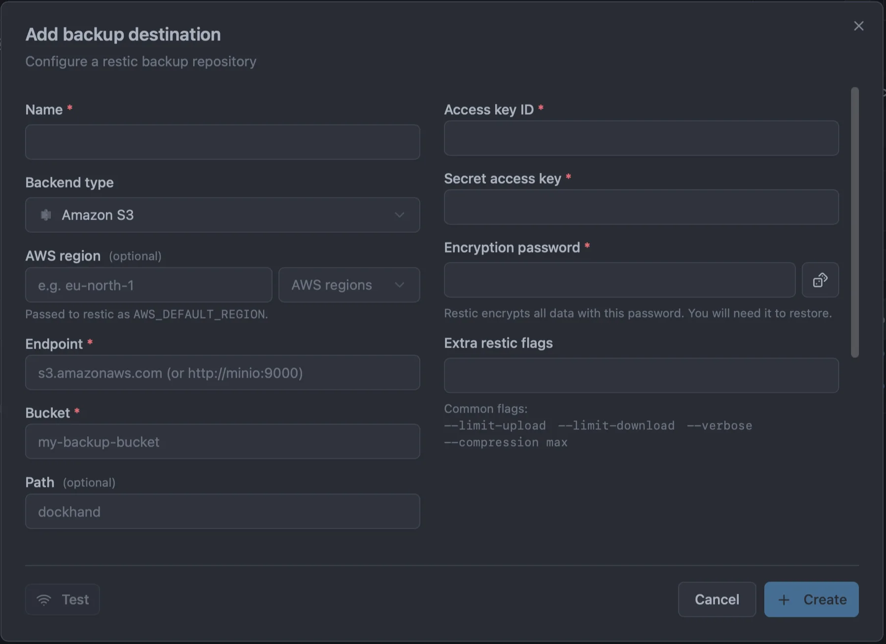 Add backup destination dialog with Amazon S3 selected, showing the AWS region field with its region quick-pick, endpoint, bucket, path, and the access key ID / secret access key credential fields.