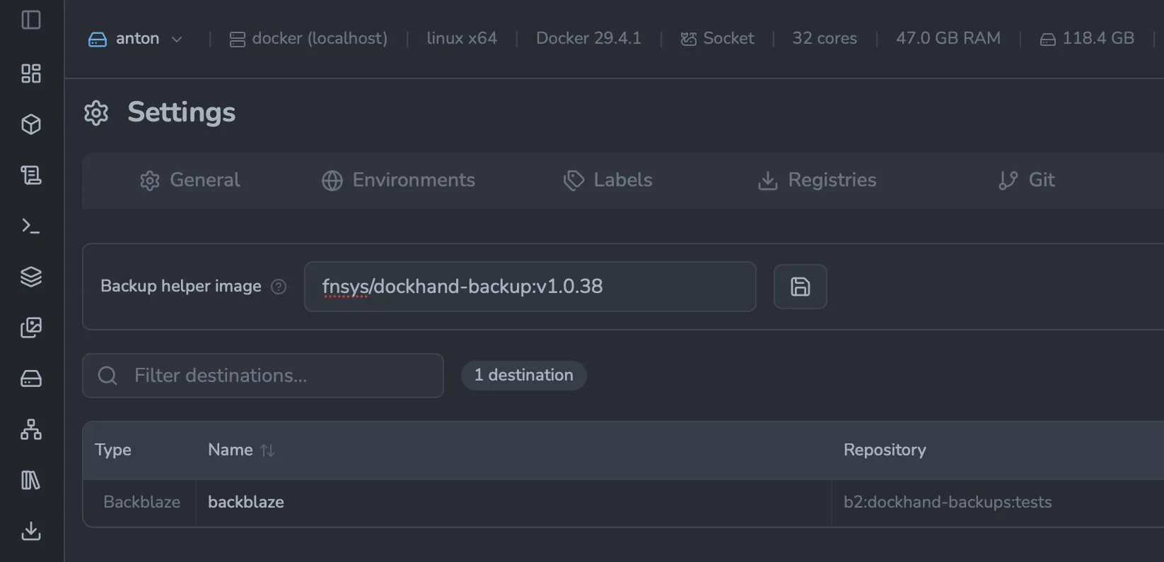 Settings → Backups: the Backup helper image field pre-filled with fnsys/dockhand-backup:v1.0.38 (matching the running Dockhand version) and a save button, above the destinations list.