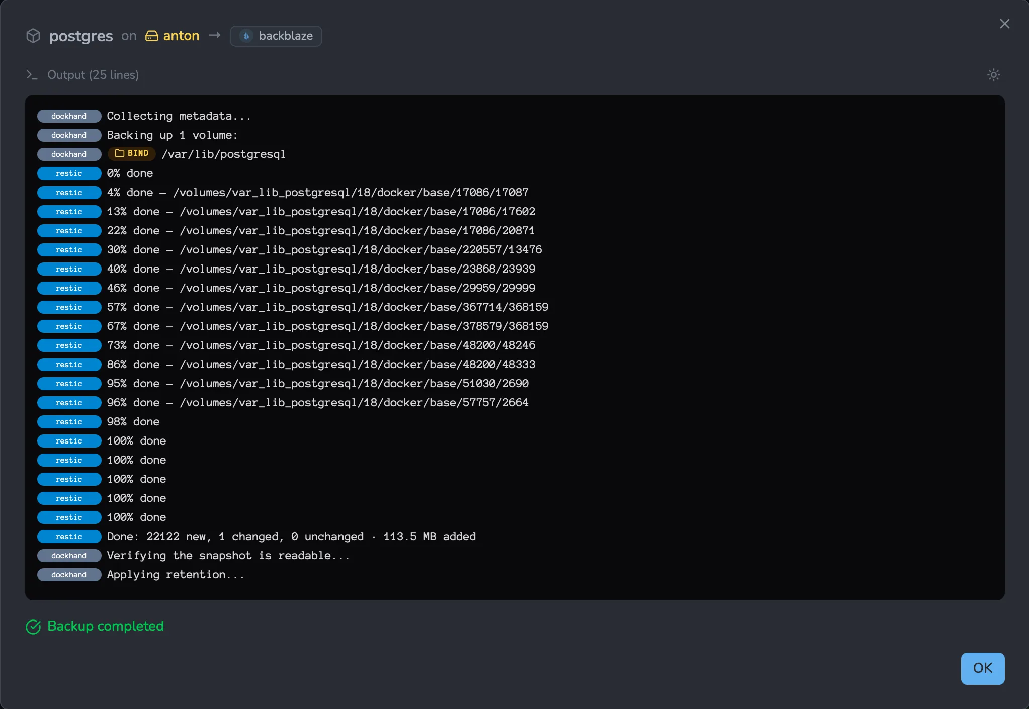Backup run log dialog streaming live output: dockhand-tagged lines (collecting metadata, backing up a bind mount) followed by restic percent-done progress, a &ldquo;Done: 22122 new … 113.5 MB added&rdquo; summary, and &ldquo;Backup completed&rdquo;.