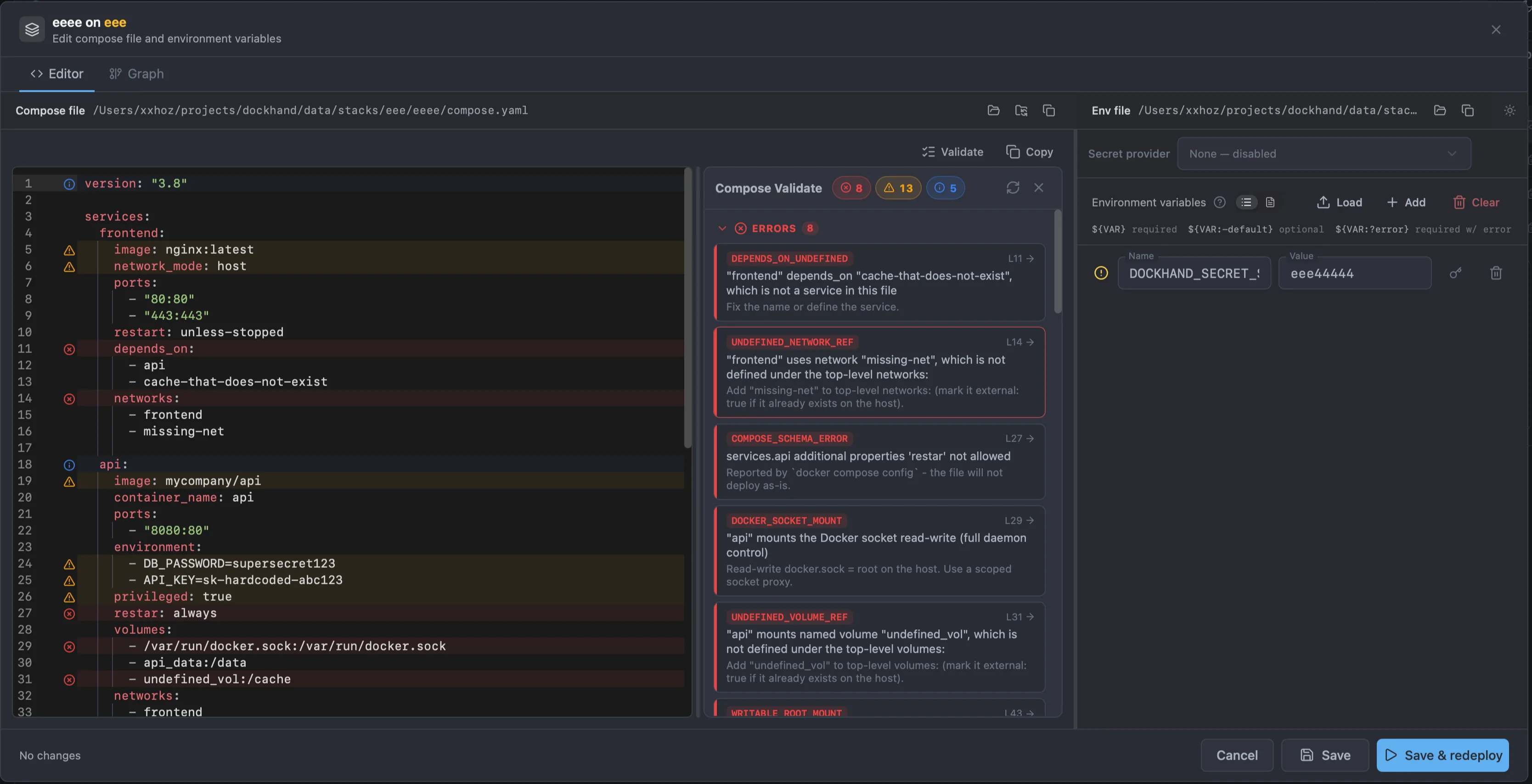 The stack editor with the Compose validate panel open on the right. The editor gutter shows red circle-x and amber warning icons on the offending lines with a faint line tint, and the panel lists findings grouped into Errors, Warnings and Suggestions, each with its rule id, the line number, and the problem.