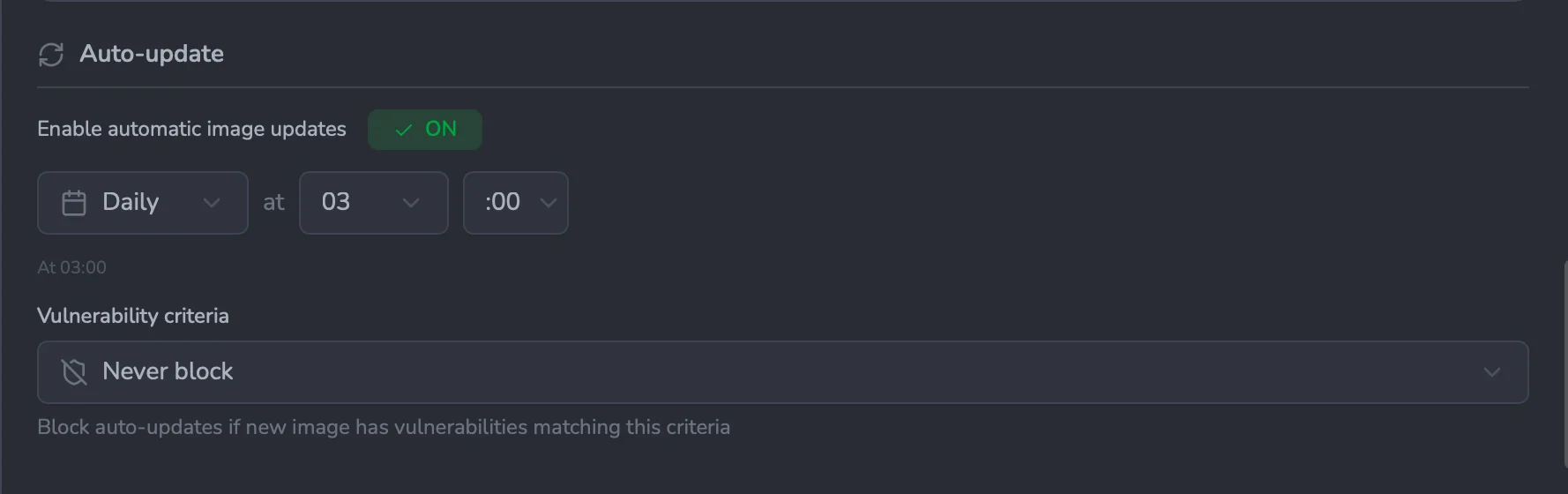 The per-container Auto-update section: an 'Enable automatic image updates' toggle set to ON, a daily schedule at 03:00, and a 'Vulnerability criteria' selector set to 'Never block'.