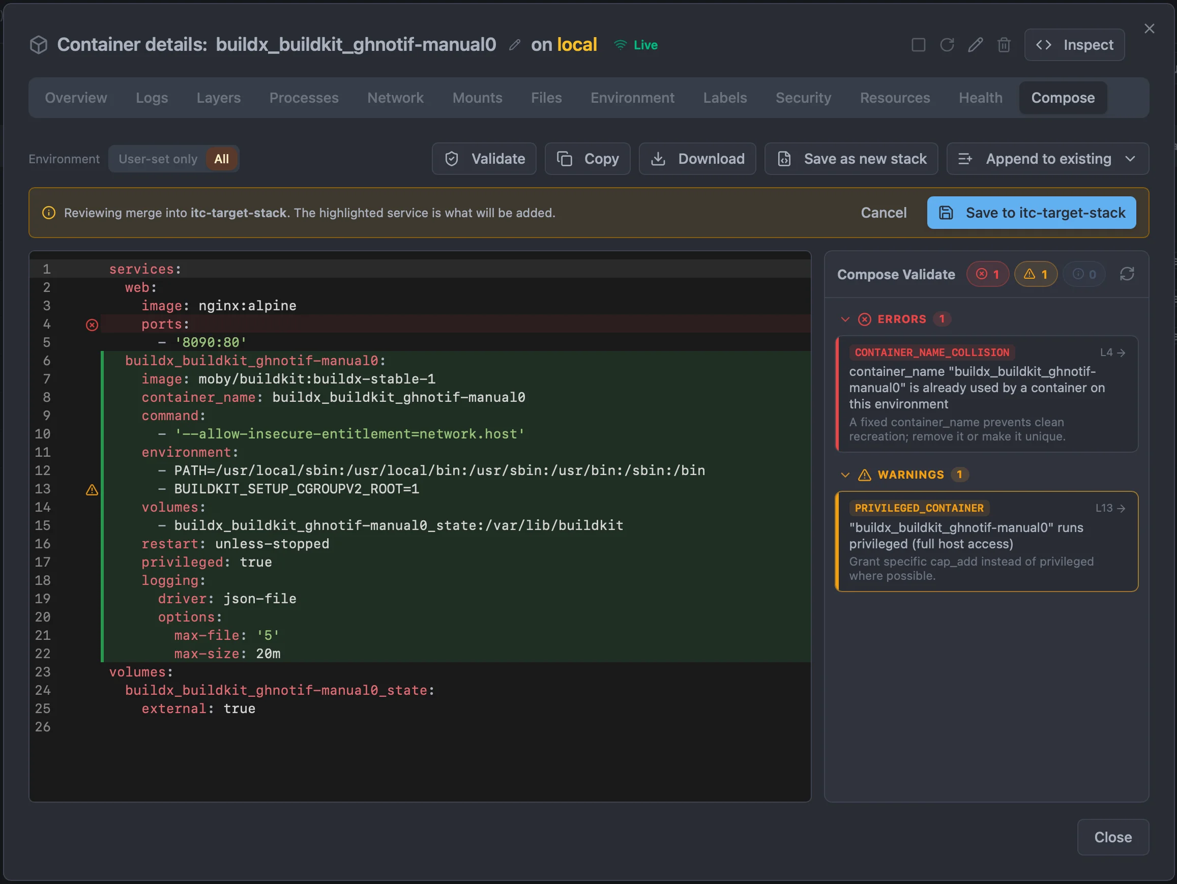 The Compose tab of the container inspect dialog: an Environment toggle set to 'User-set only', Validate / Copy / Download buttons, a 'Save as new stack' button and an 'Append to existing' dropdown, above a YAML editor showing the generated compose.