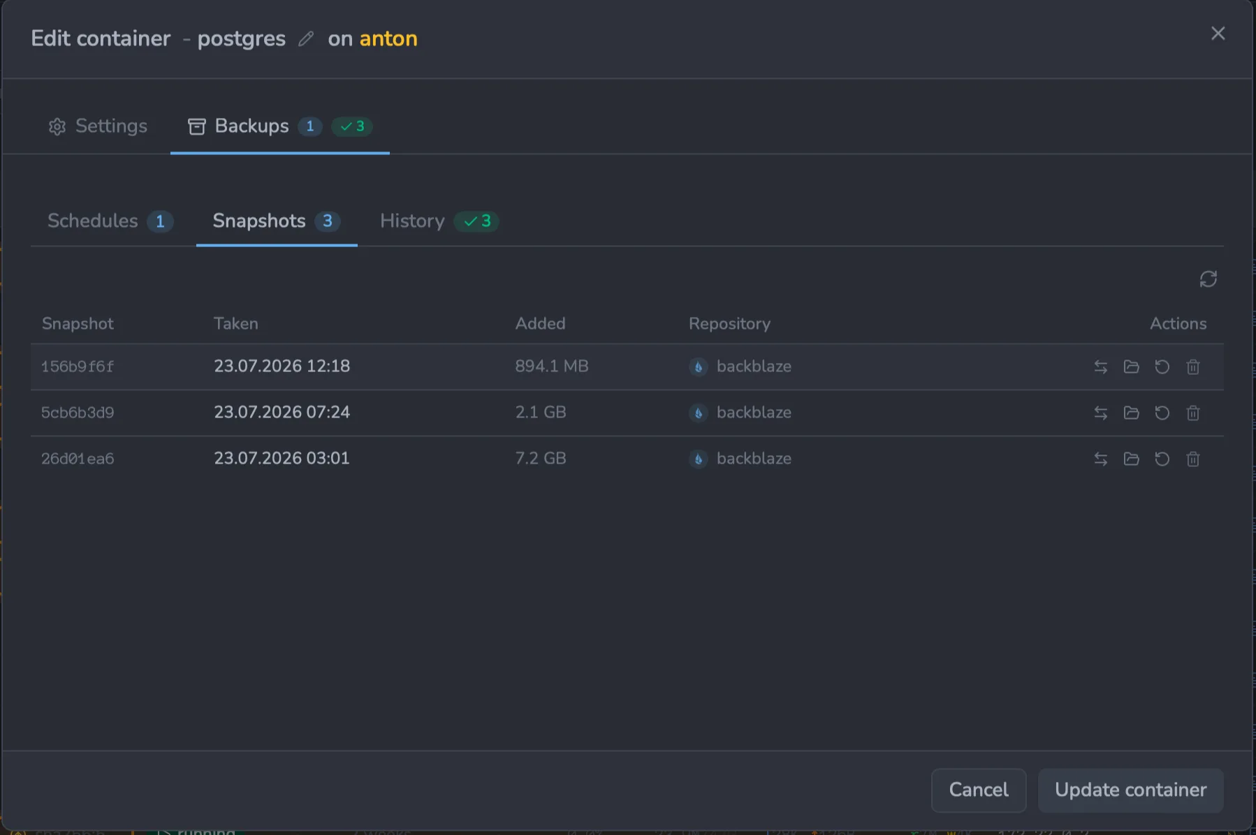 Container edit modal with the Backups tab open, showing its Schedules, Snapshots, and History sub-tabs — here the Snapshots list with each snapshot's id, time taken, size added, repository, and per-row restore/browse/delete actions.