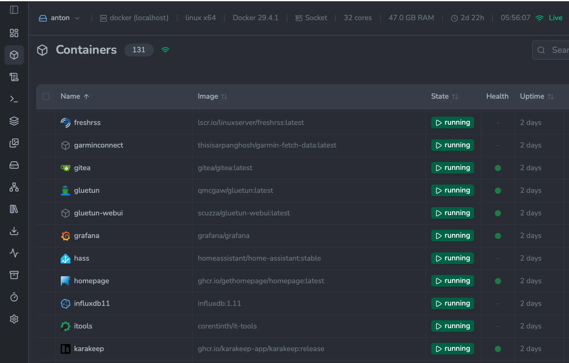 Container list with app logos matched automatically from the image
