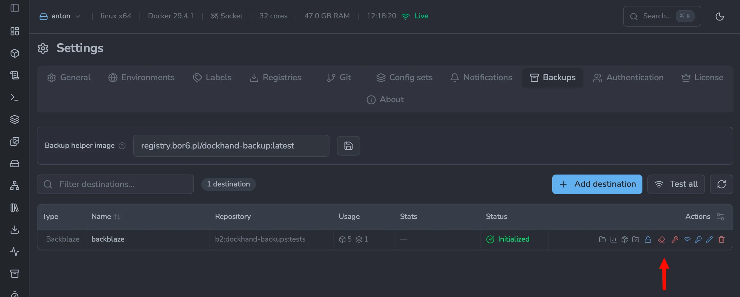 Settings → Backups tab: the backup helper image field and the destinations grid listing each repository with its type, name, repository URL, usage, and status, plus the per-row colored action toolbar (browse, stats, check, verify data, unlock, prune, repair, rotate password, test connection, edit, delete).