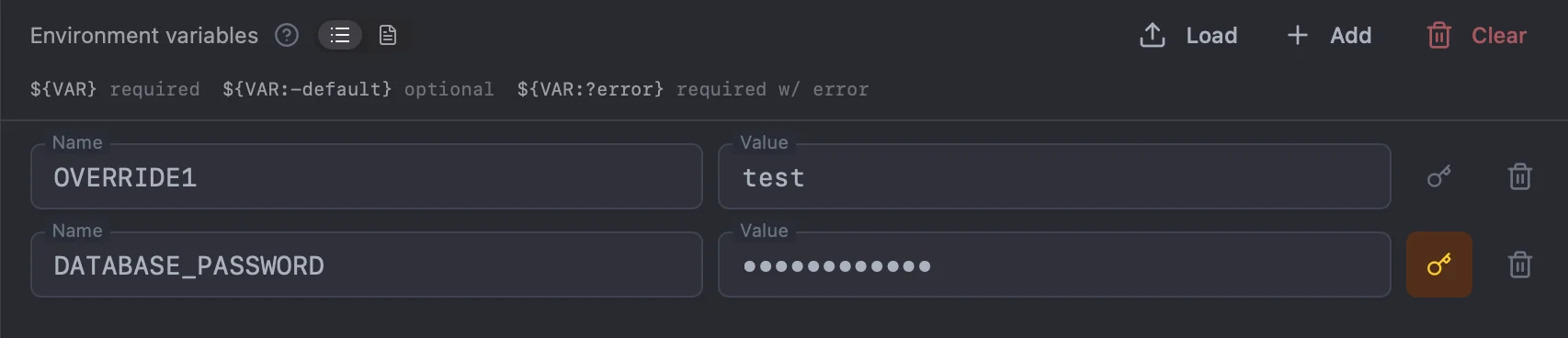 Environment variable overrides panel