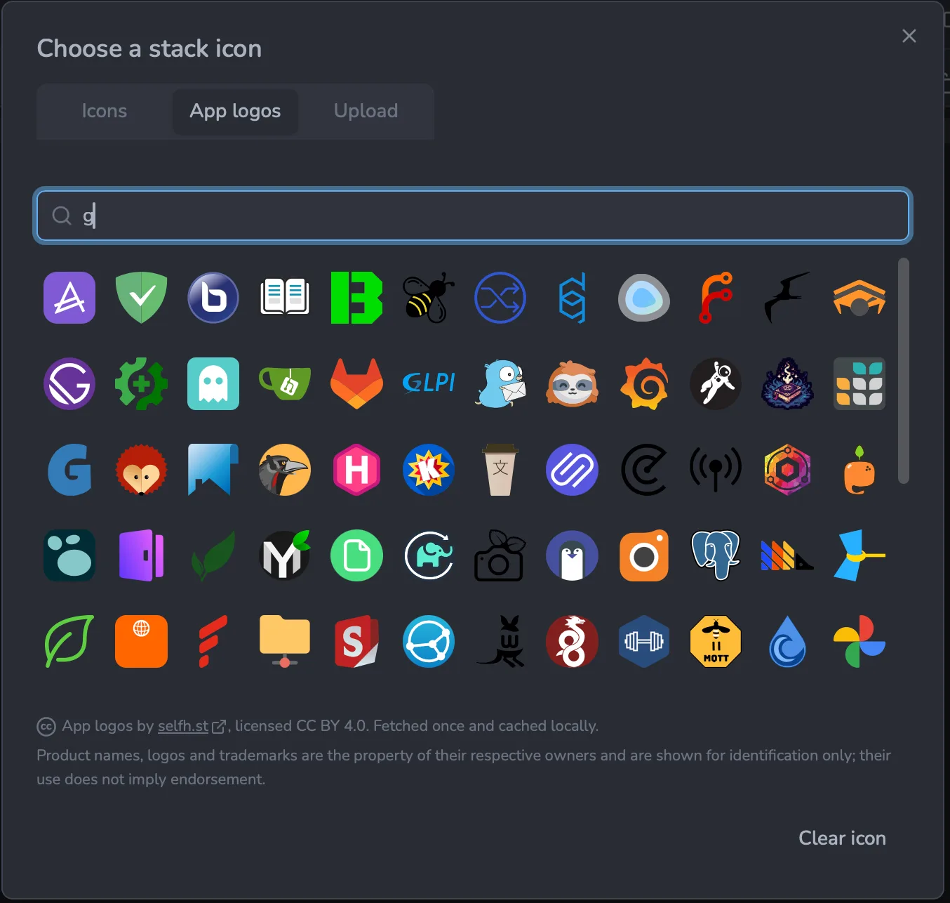 App logos tab: searchable selfh.st app logos