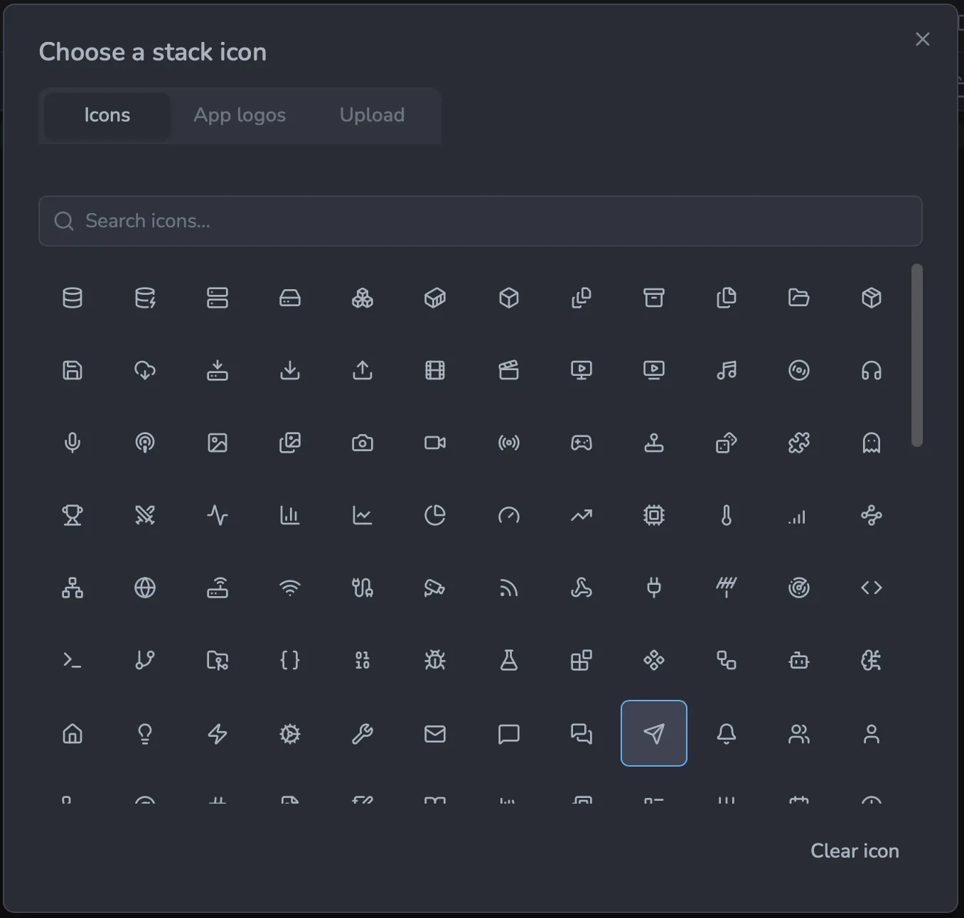 Icons tab: built-in icon grid with search