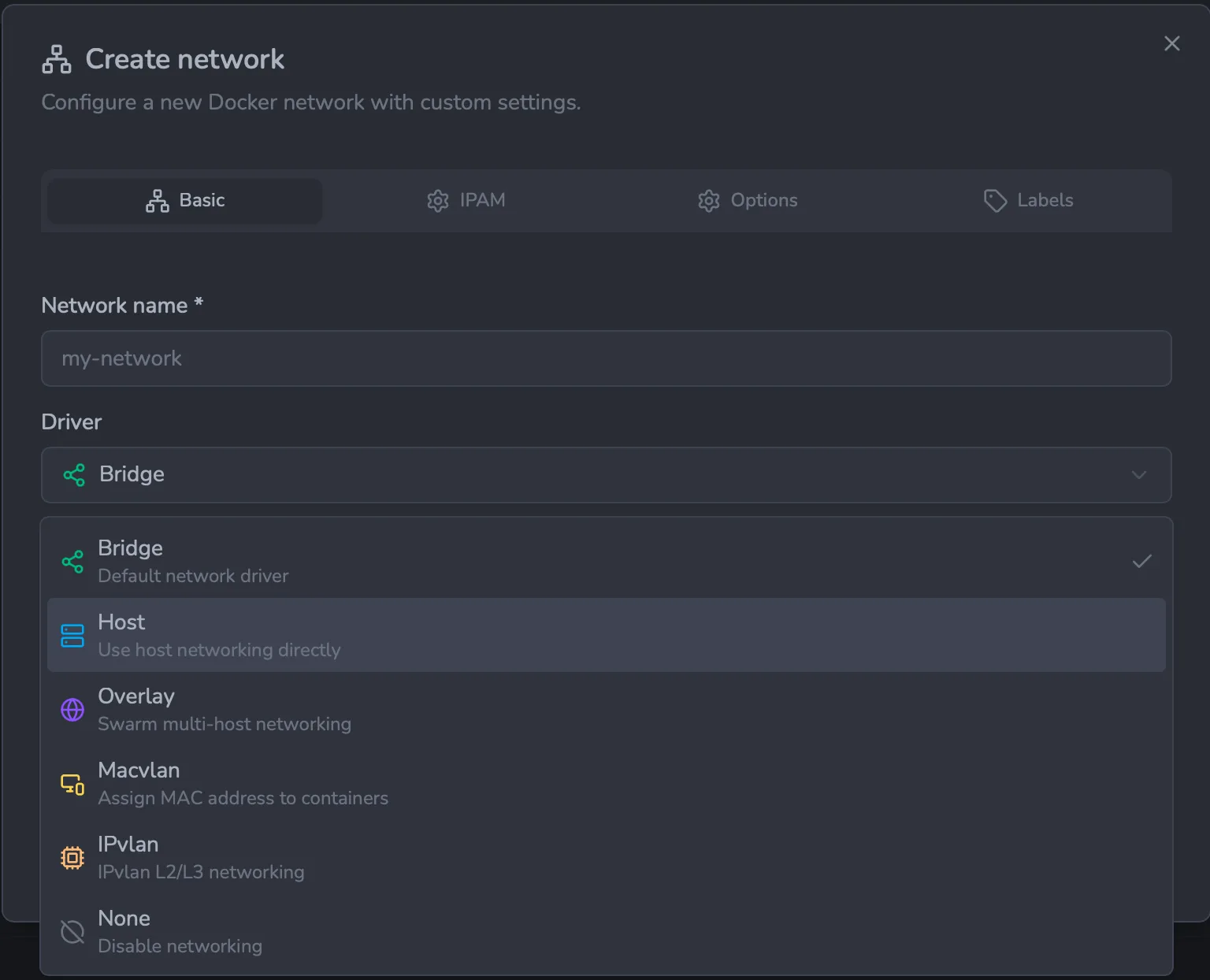 Create network - Basic tab with the driver dropdown open (bridge, host, overlay, macvlan, ipvlan, none)