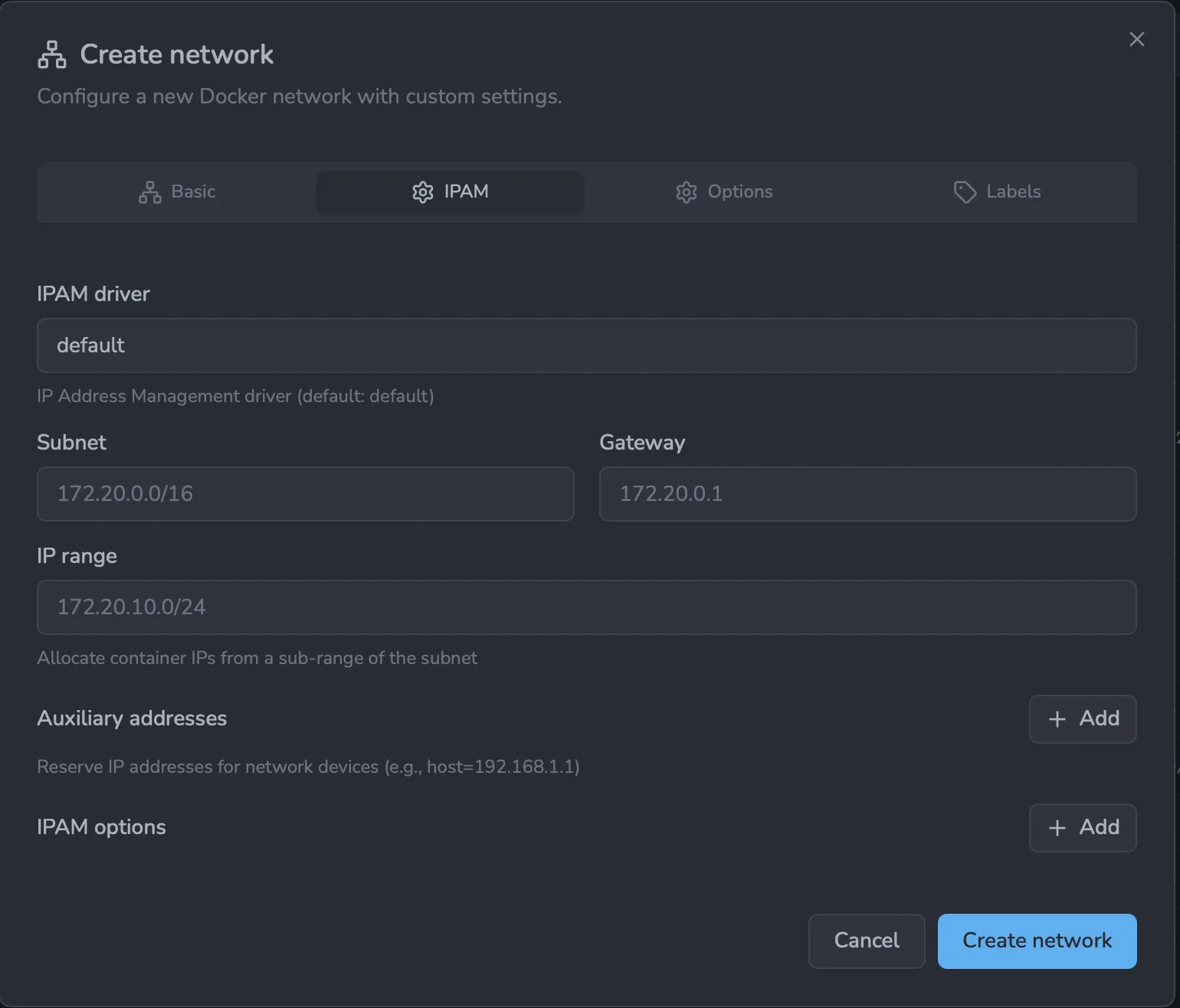 Create network - IPAM tab with subnet, gateway, IP range, auxiliary addresses and IPAM options