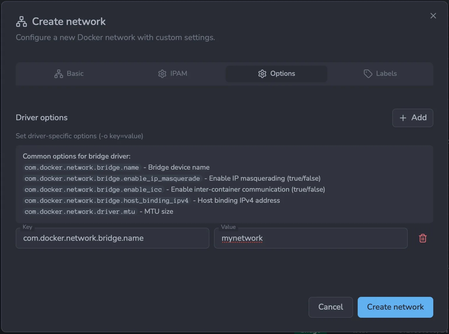 Create network - Options tab with driver options as key/value pairs and the common options for the selected driver