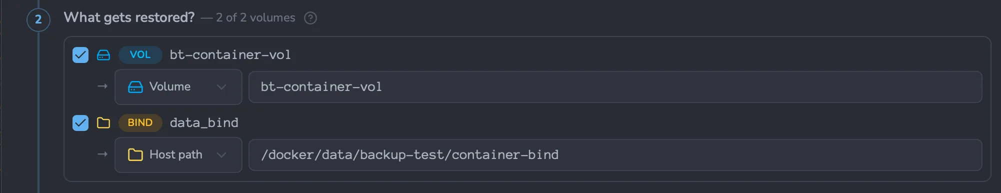 Restore dialog, &ldquo;What gets restored?&rdquo; step: two volumes each with a destination type dropdown — a VOL restored as a named volume and a BIND restored to a host path — showing the type can be switched between Volume and Host path.