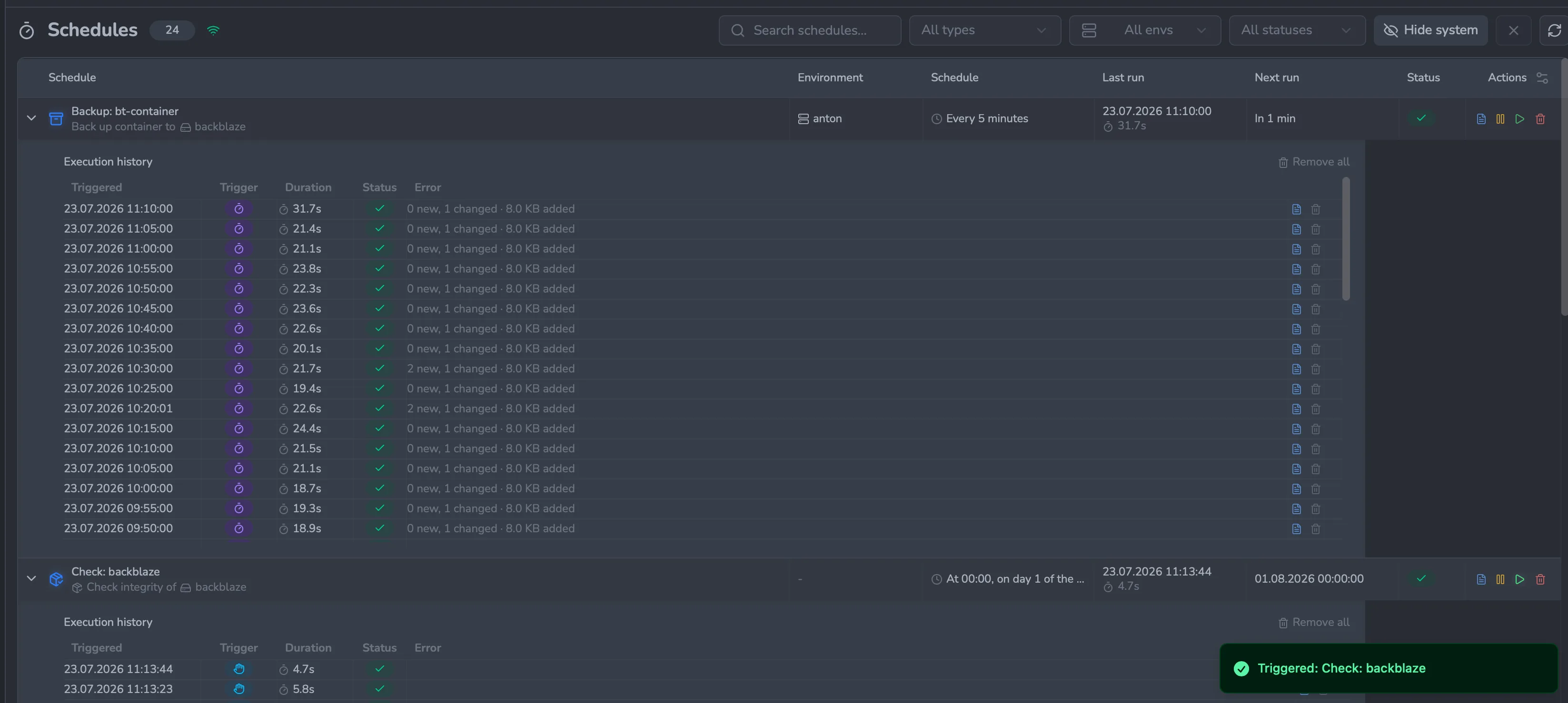 Unified Schedules page: rows for backup configs and repository maintenance (prune / check / verify) with environment, schedule, last-run and next-run timestamps, status, and per-row actions (run now, pause, delete). A row is expanded to its execution history — each run's trigger, duration, status, and result. Filters for type, environment, status, and a Hide system toggle sit in the toolbar.