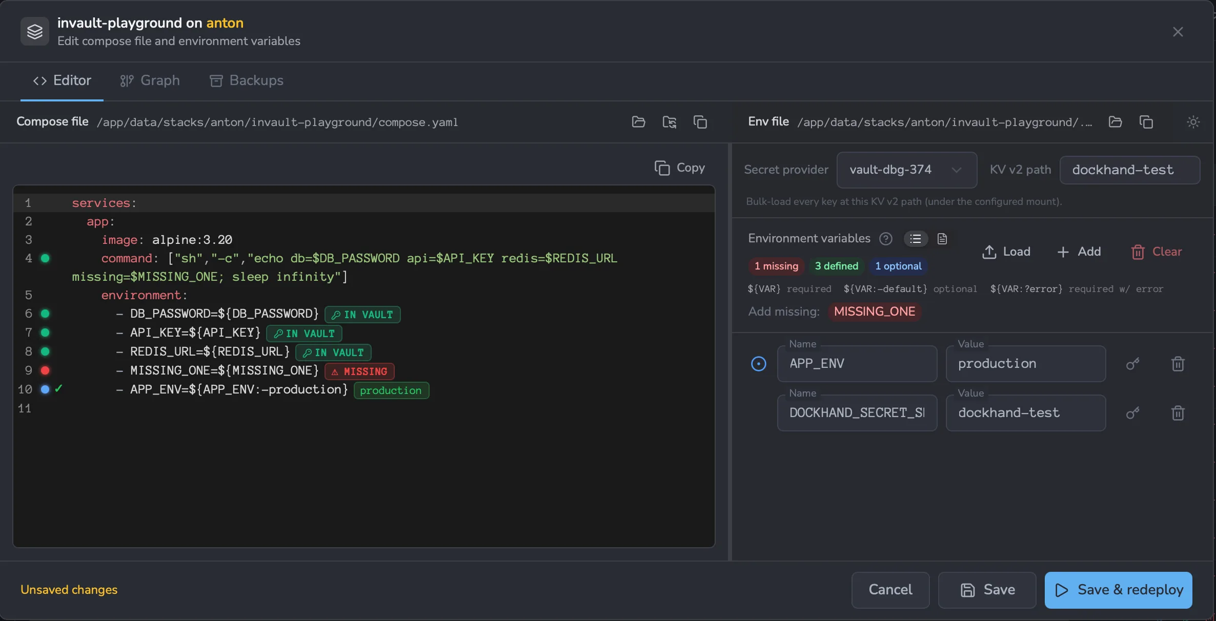 Stack editor with a Vault provider bound: DB_PASSWORD, API_KEY and REDIS_URL show a green IN VAULT badge (found live in the provider), while MISSING_ONE shows a red MISSING badge because the provider doesn't have it. The selector value is set in the KV v2 path field.
