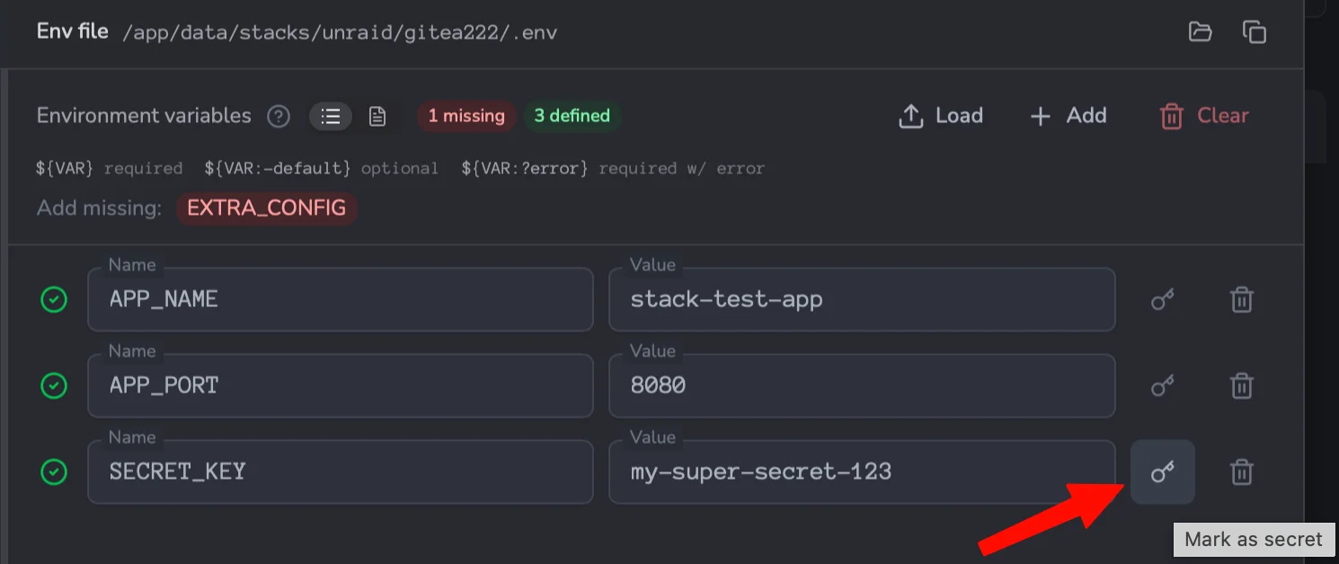 Mark as secret button in the environment variables editor