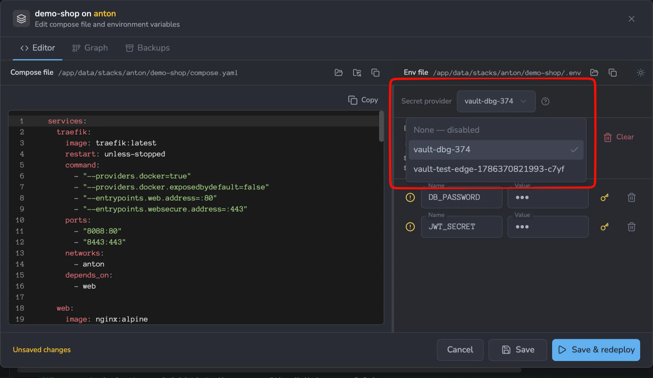 Stack editor with the Secret provider dropdown open at the top of the environment-variables pane, showing 'None — disabled' and a configured provider to bind to this stack.