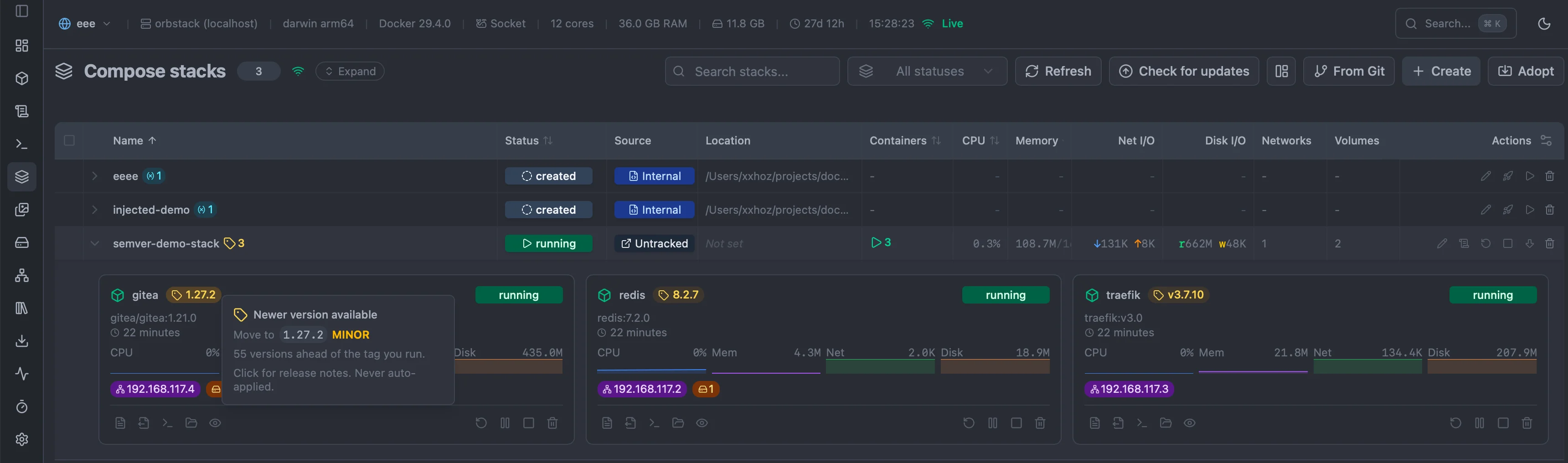 The Compose stacks page with a stack row showing an aggregate tag badge with a count, and expanded container tiles each carrying their own version-tag badge and tooltip.