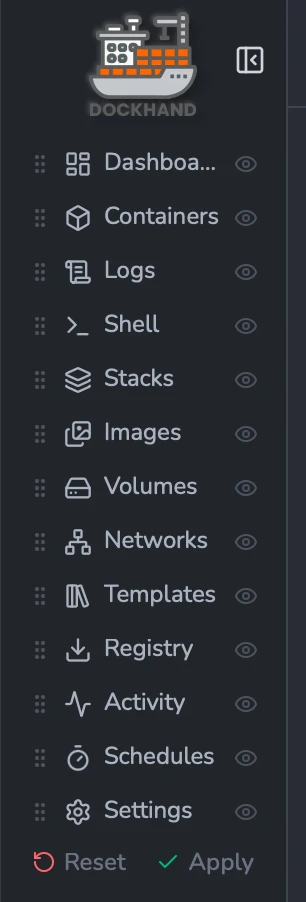 Sidebar in customize mode showing drag handles on the left and eye toggles on the right, with Reset and Apply actions at the bottom