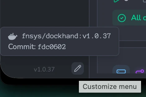 Hovering the version number reveals a tooltip with the image tag and commit, and a pencil Customize menu button