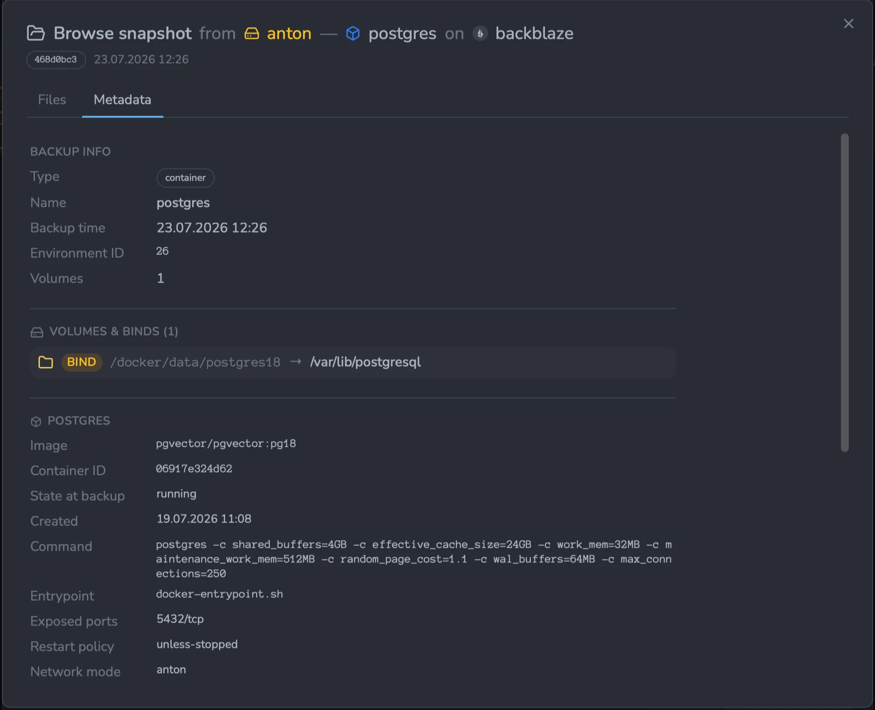 Browse snapshot dialog, Metadata tab for a container (postgres): backup info and a single bind mount, followed by the recorded config — image pgvector/pgvector:pg18, container ID, state running, created date, the full postgres command, entrypoint, exposed port 5432/tcp, restart policy, and network mode.