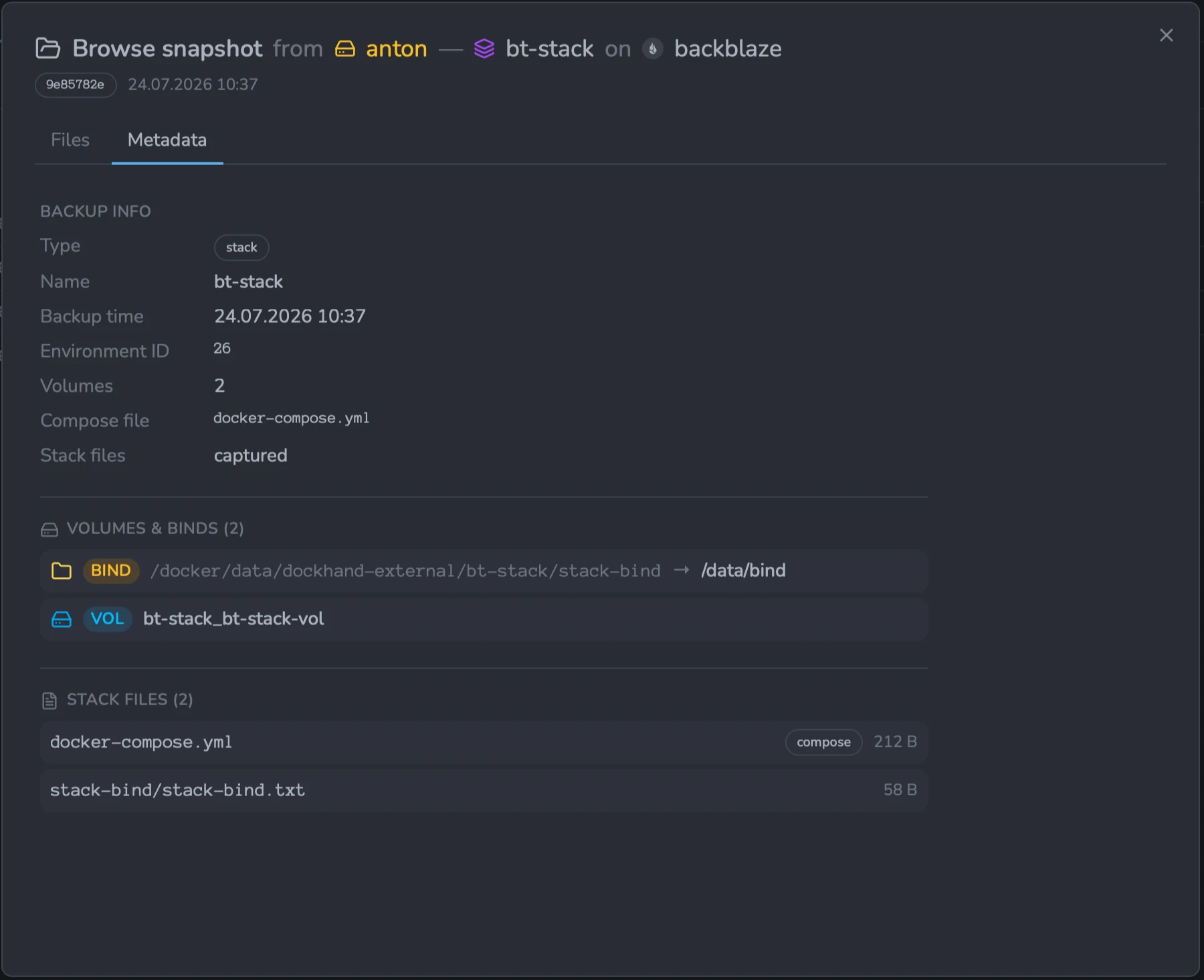 Browse snapshot dialog, Metadata tab for a stack (bt-stack): backup info including the compose file name and a &ldquo;captured&rdquo; stack-files status, a volumes and binds list with one bind and one named volume, and a Stack files section listing docker-compose.yml (badged &ldquo;compose&rdquo;, 212 B) and stack-bind/stack-bind.txt (58 B).