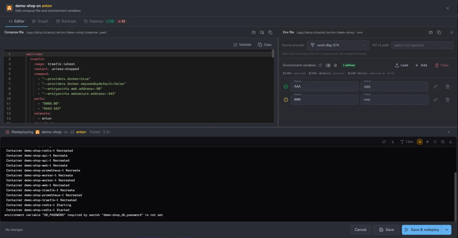 The stack editor with a docked deploy console at the bottom, streaming compose output line by line while the redeploy runs. The header reads 'Redeploying demo-shop on anton - Failed', and the last log line shows the reason the deploy failed.