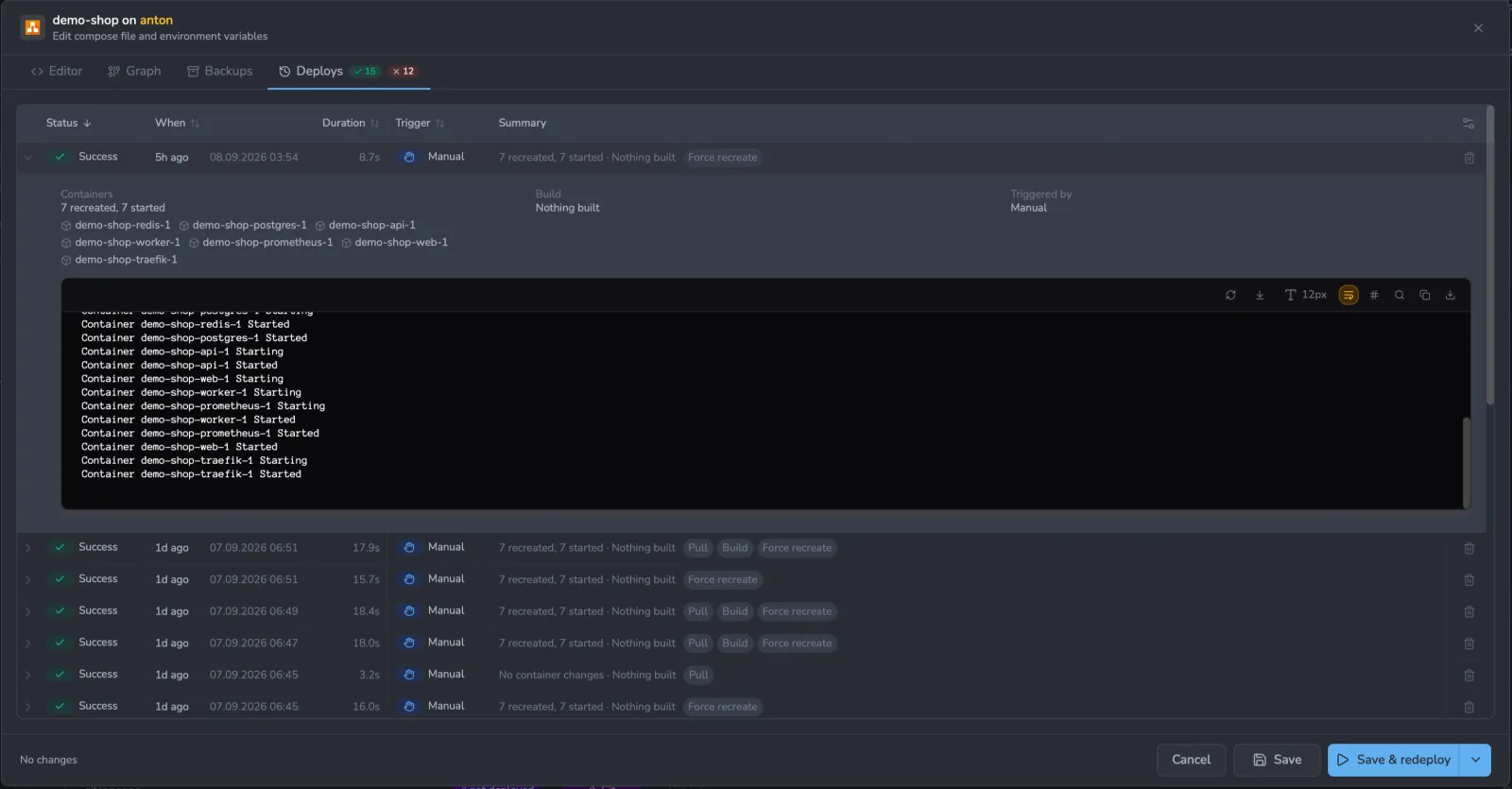An expanded Deploys row showing the list of containers that were recreated and started (each with its icon), a Build section, a Triggered by section, and the full compose log for that deploy in a console below.