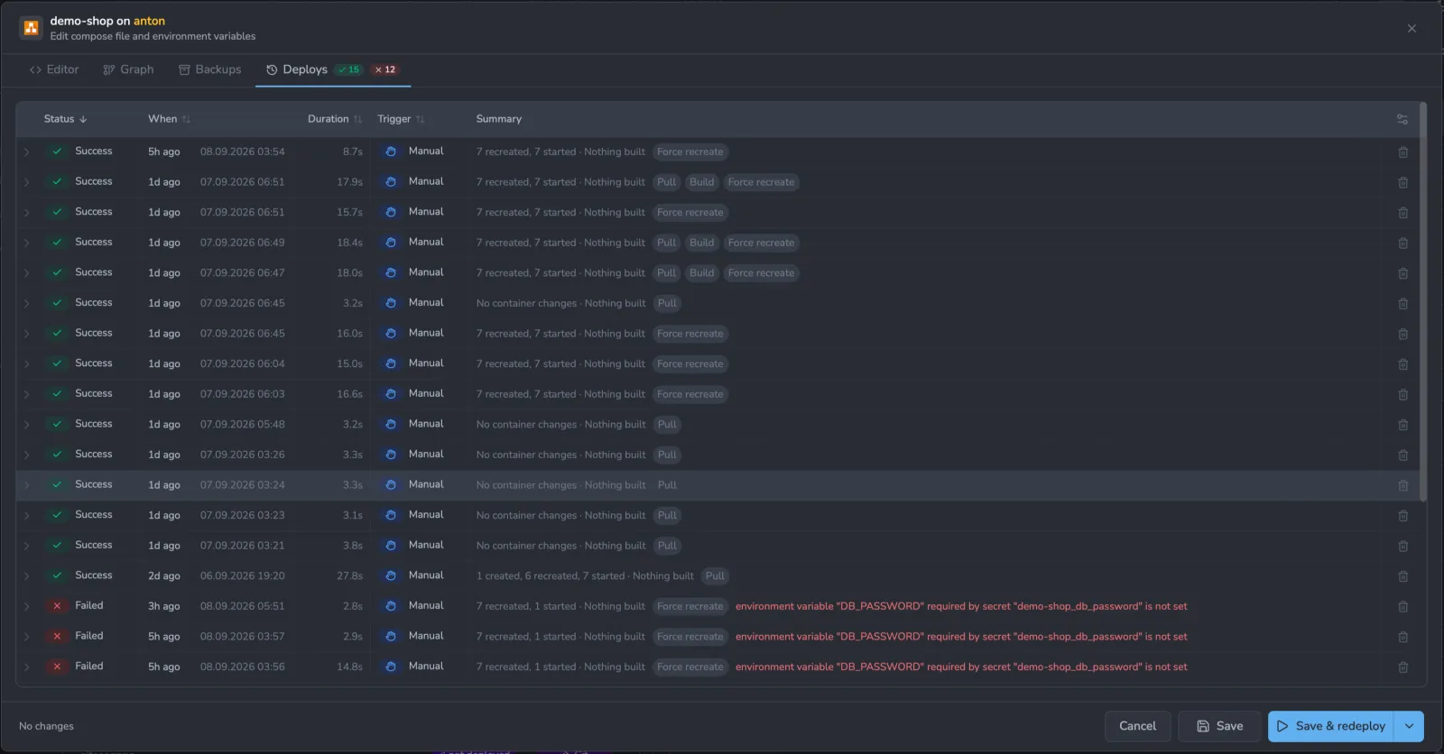 The Deploys tab of a stack showing a table of past deployments. Columns: Status (Success or Failed), When, Duration, Trigger (Manual), and Summary. Each row's summary reads like '7 recreated, 7 started - Nothing built' with option pills such as Pull, Build and Force recreate; failed rows show the failure reason in red.