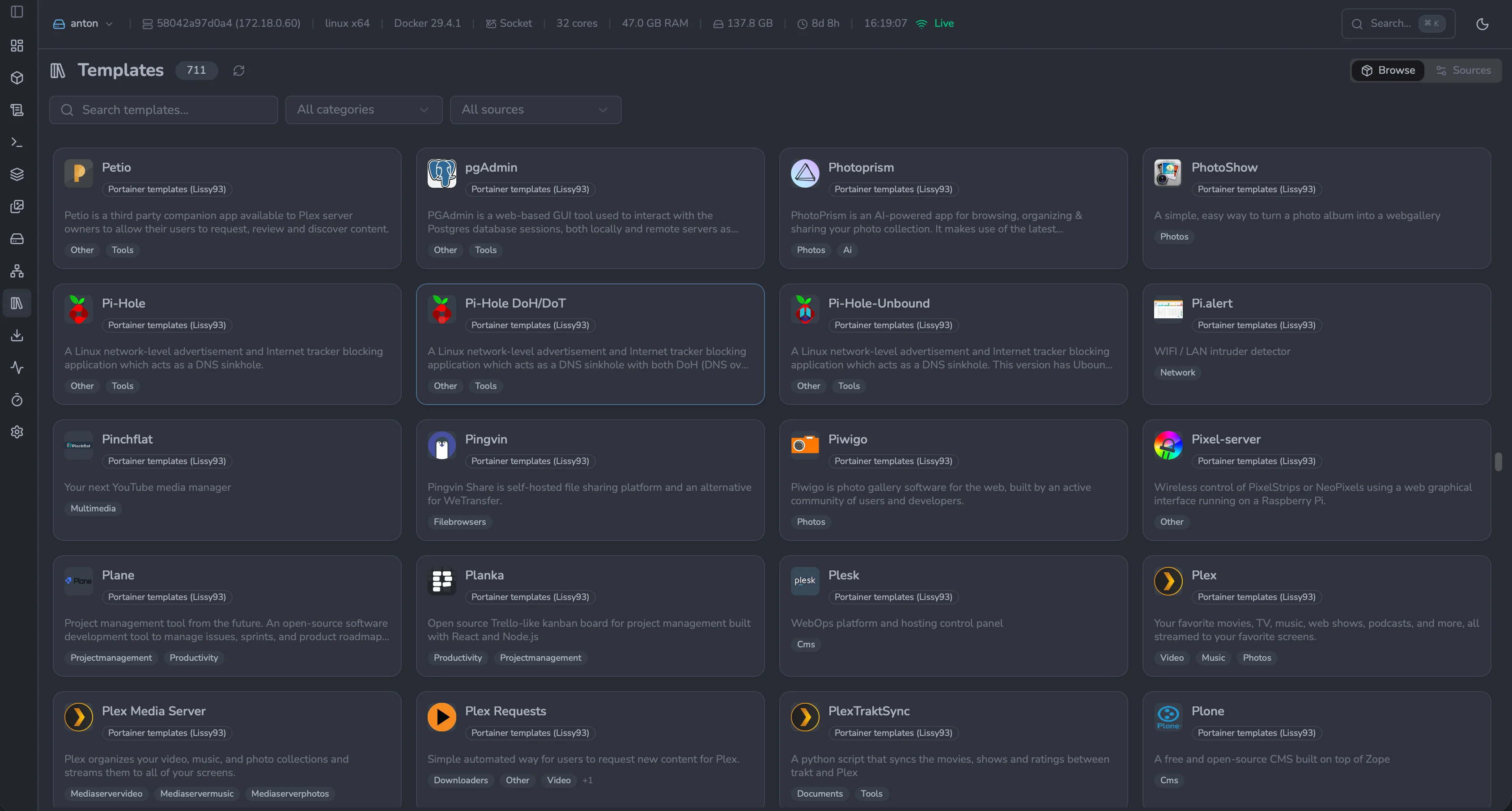 Templates page showing the grid of template cards with search, category, and source filters