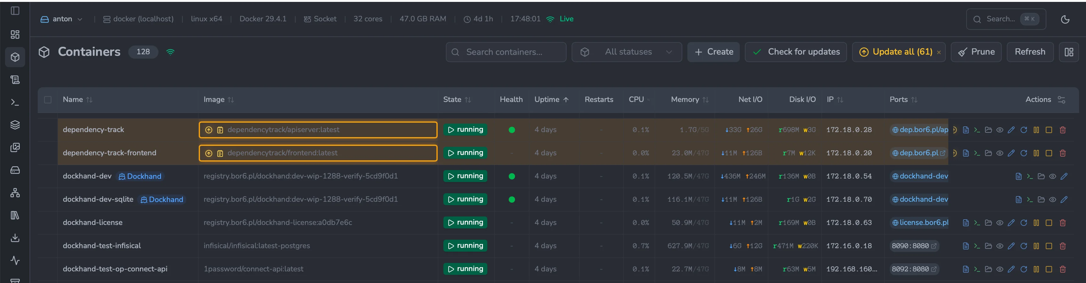 The Containers list with amber up-arrow icons before several image names, and an 'Update all (61)' button in the toolbar with a small x to dismiss the indicators.