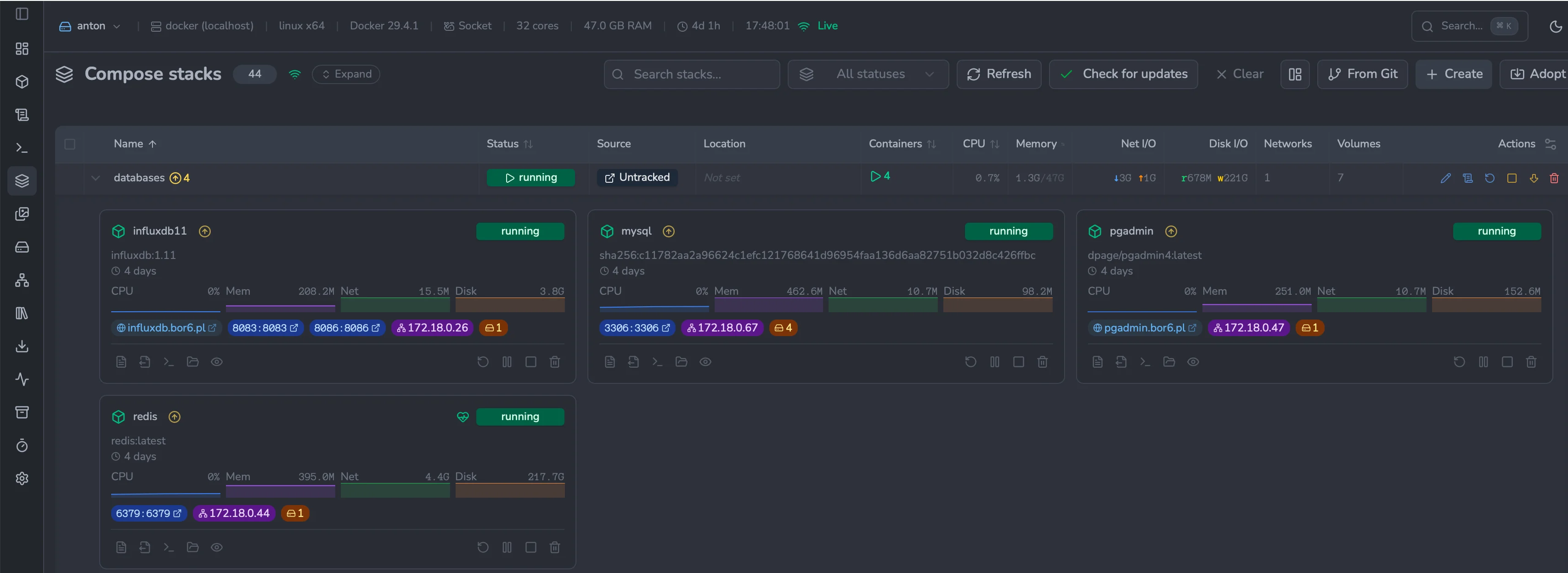 The Compose stacks page with an up-arrow and count on a stack row, and up-arrow indicators on the influxdb, mysql, pgadmin and redis container tiles.